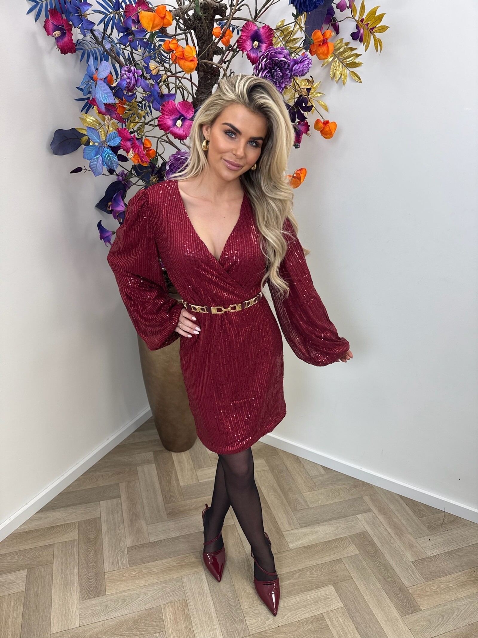 Dress pailletten V hals GM-8253 Bordeaux