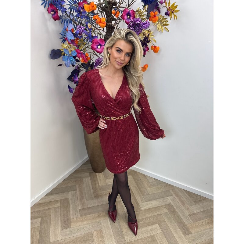 Dress pailletten V hals GM-8253 Bordeaux