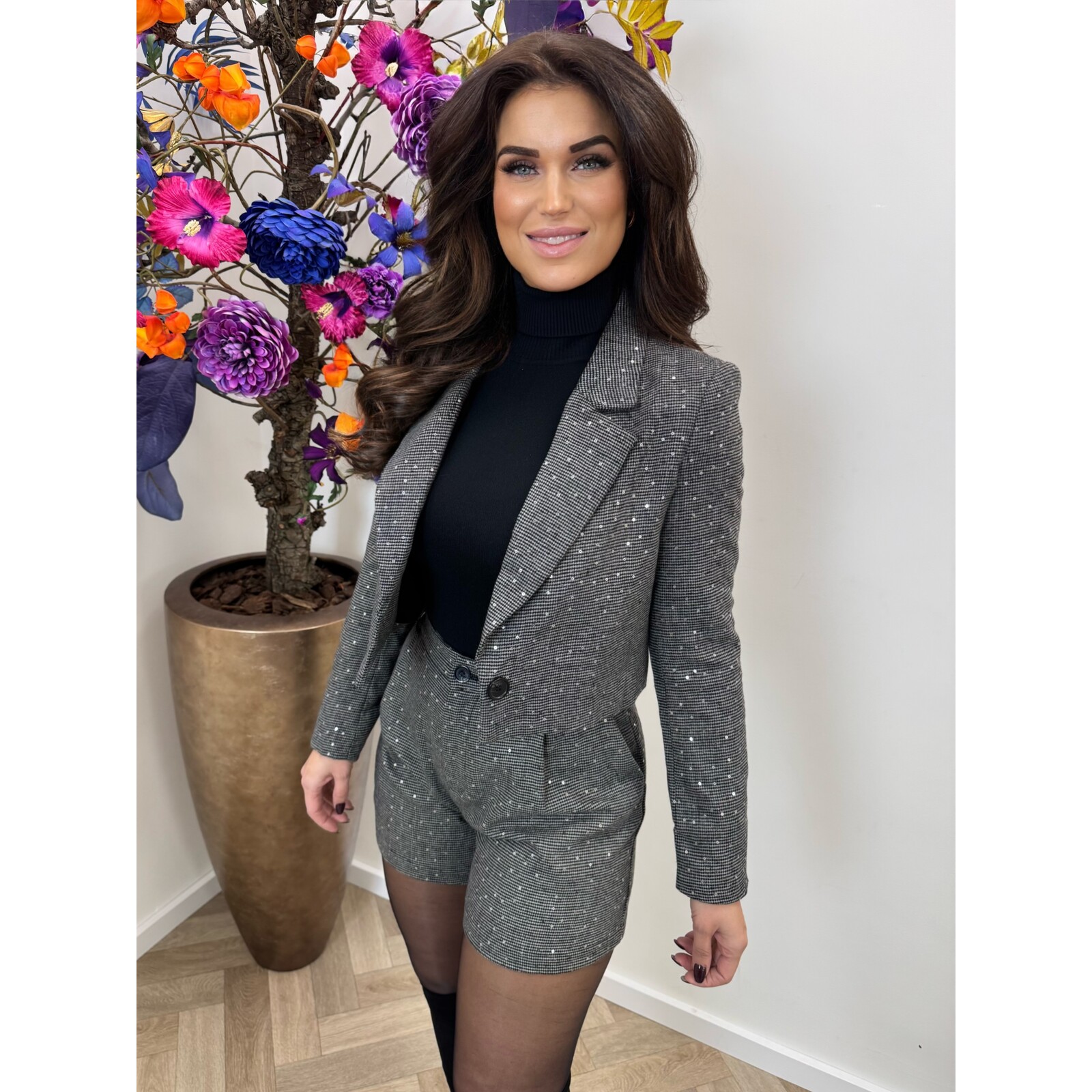 Blazer Mini Pailletten Ruit Grey 3098