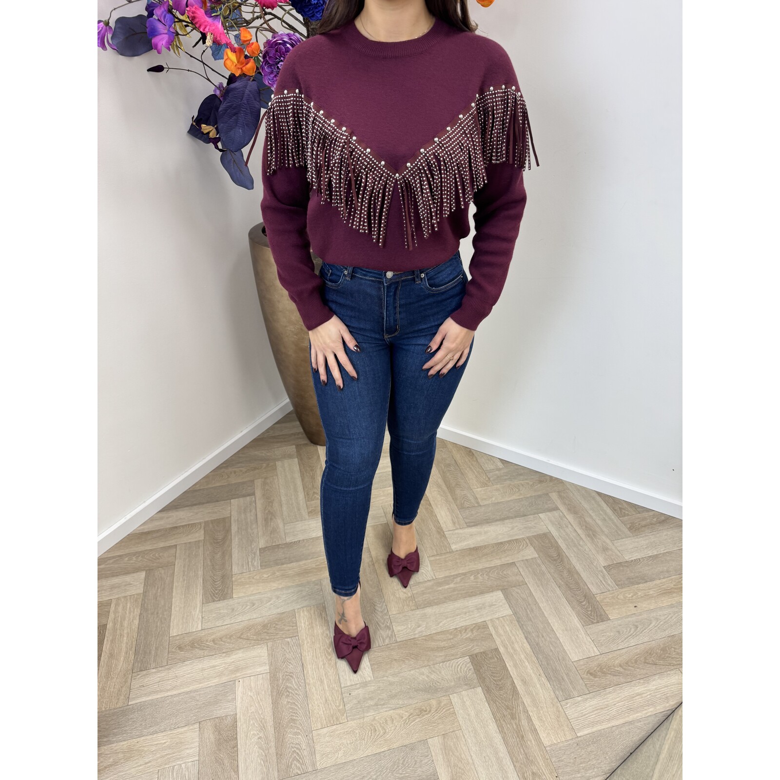 Trui Franje Studs Bordeaux M1022