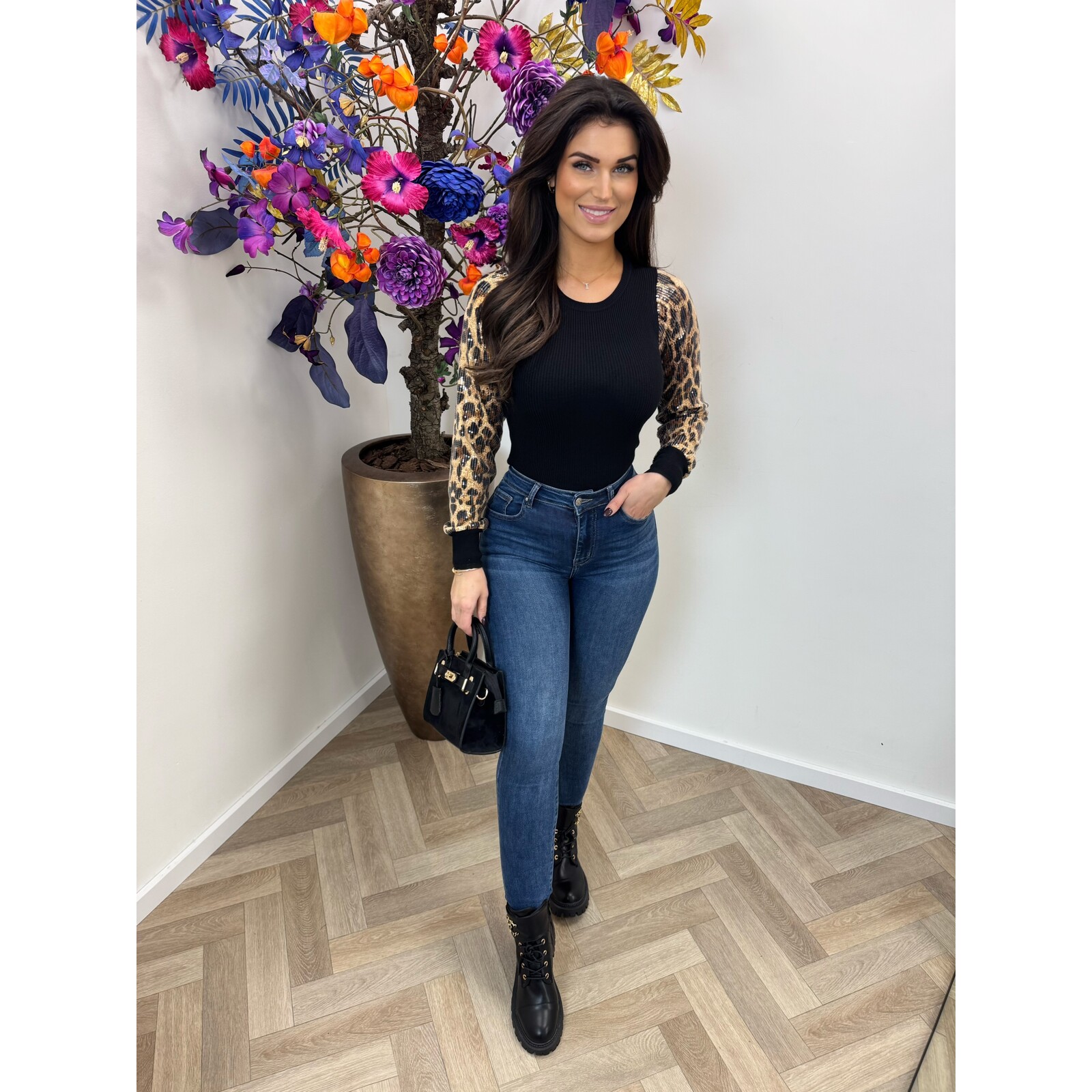 Top Leopard sleeve C25277 Black