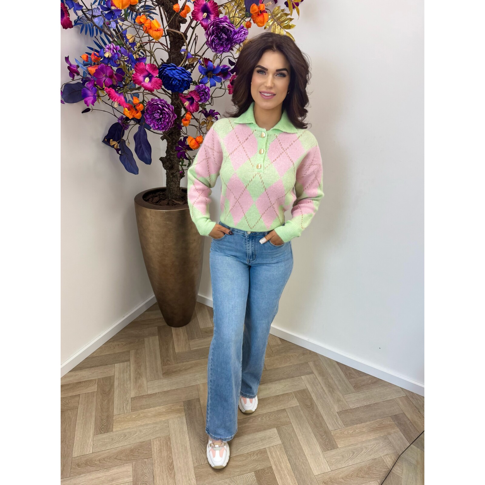 Trui Button ruit YP1973 Light Green