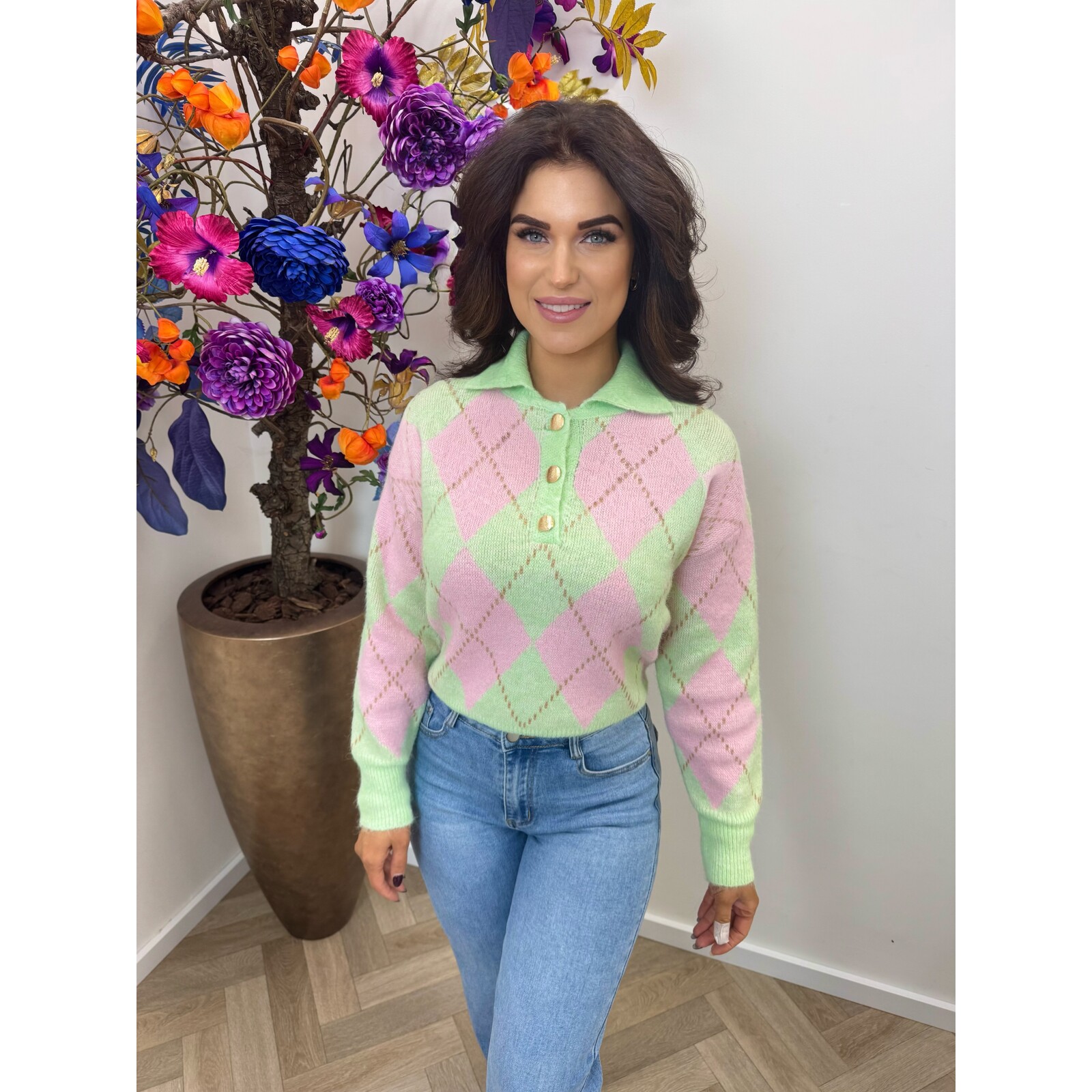 Trui Button ruit YP1973 Light Green