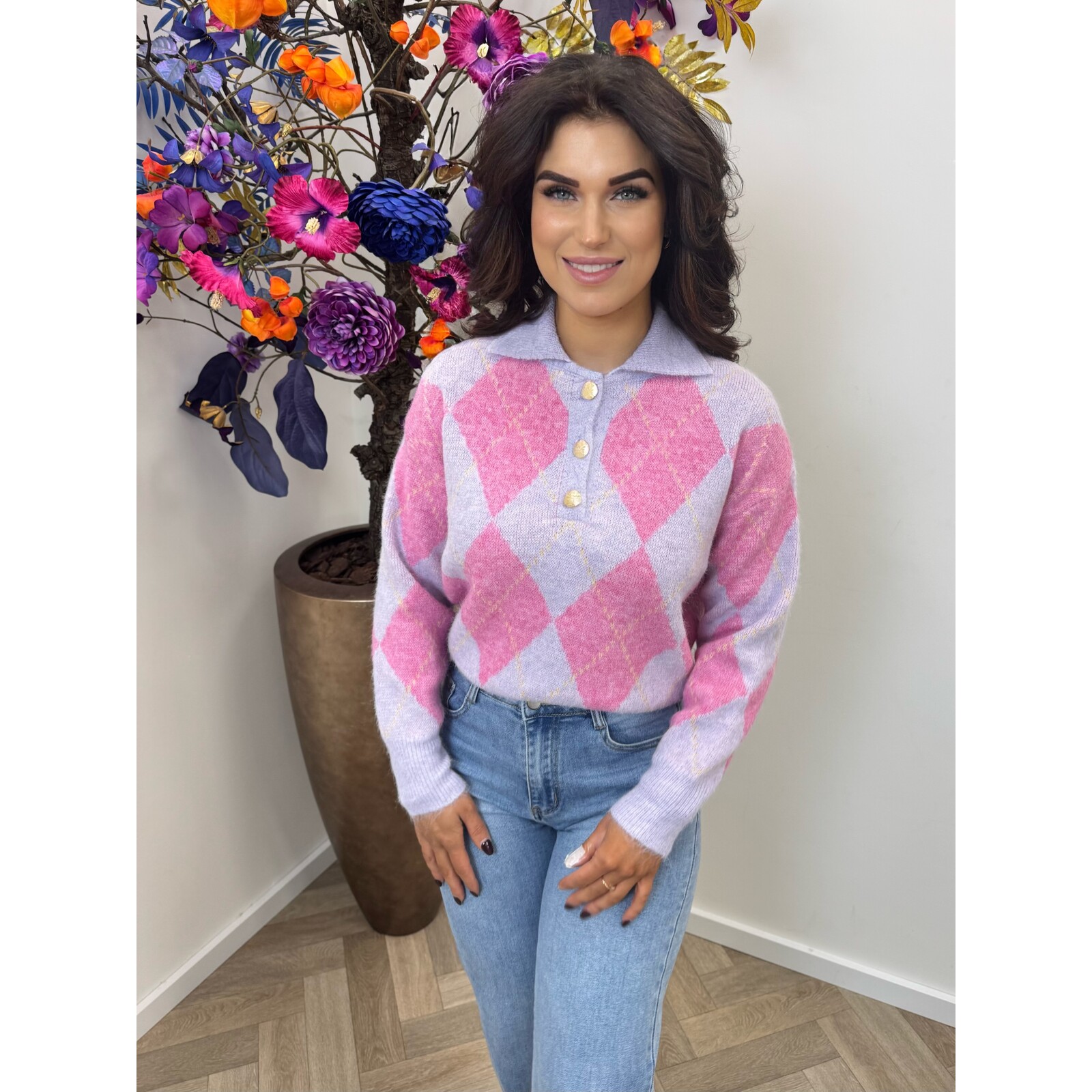 Trui Button ruit YP1973 Lila