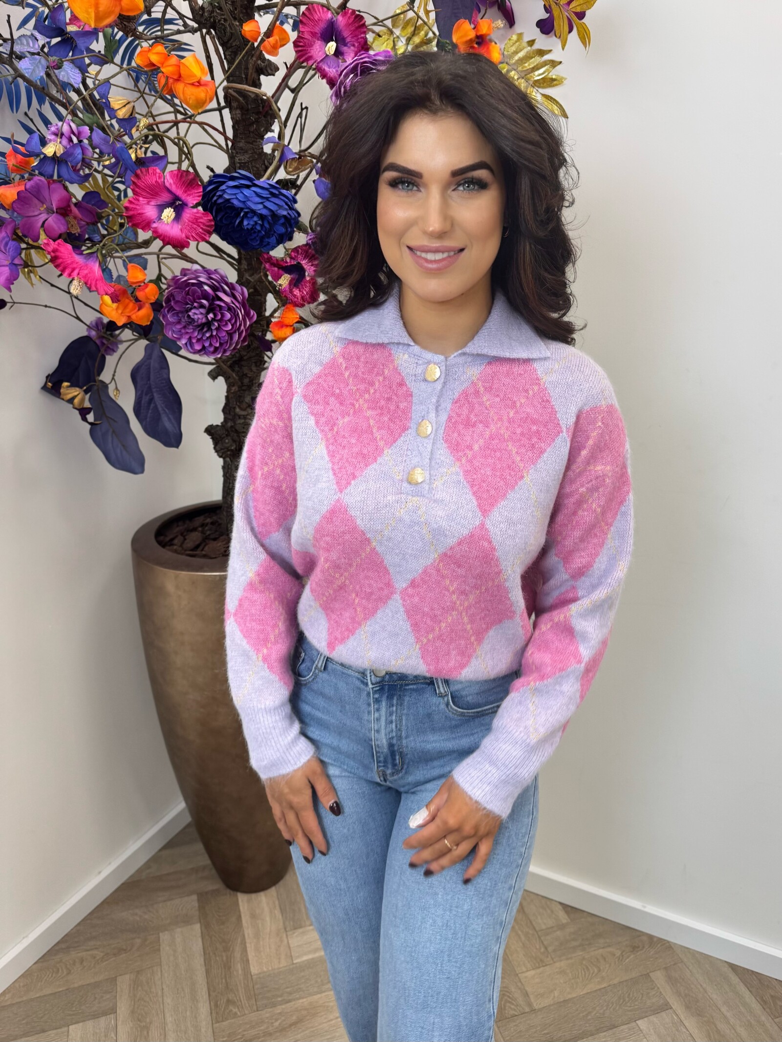 Trui Button ruit YP1973 Lila