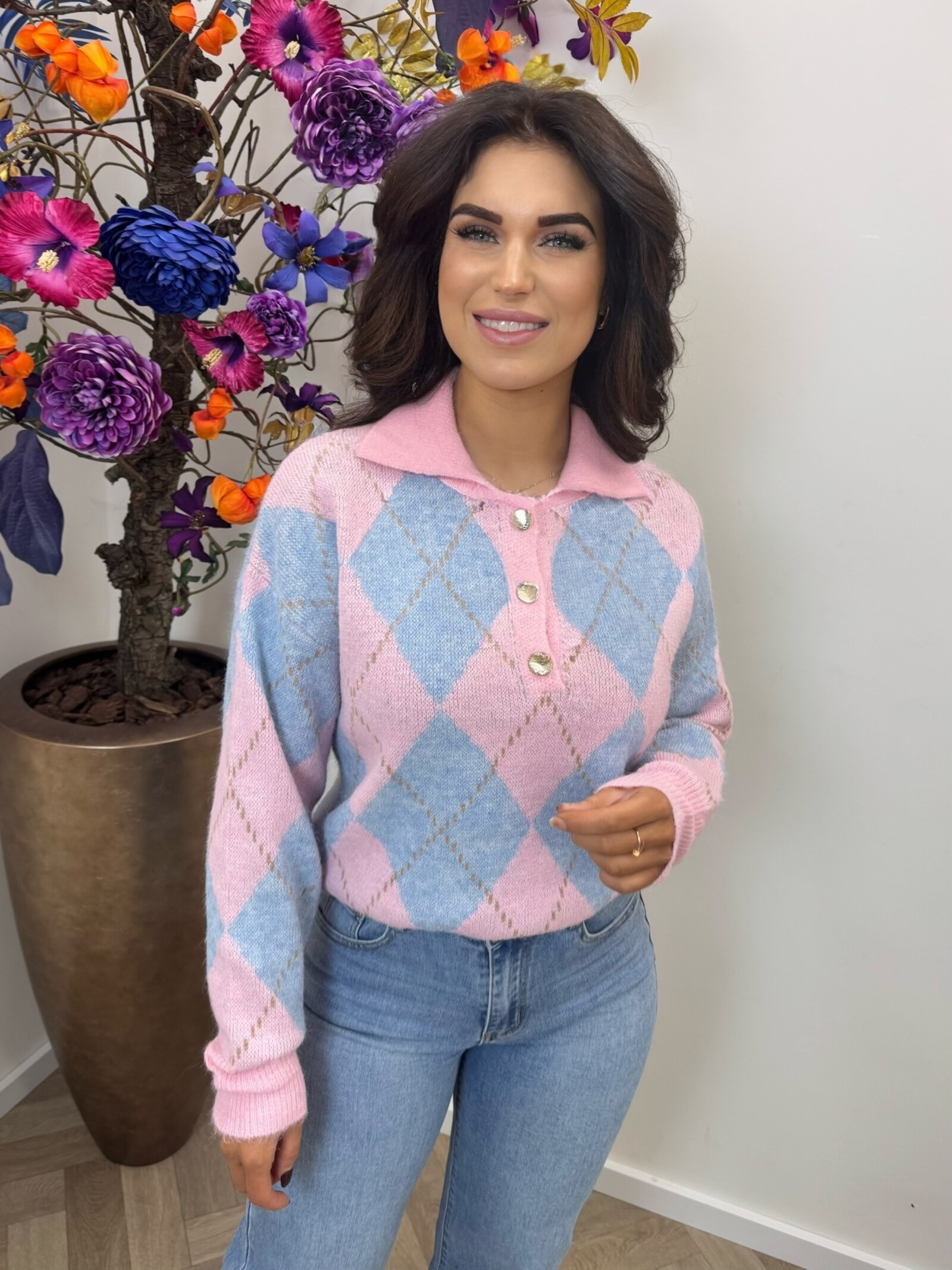 Trui Button ruit YP1973 Light Blue