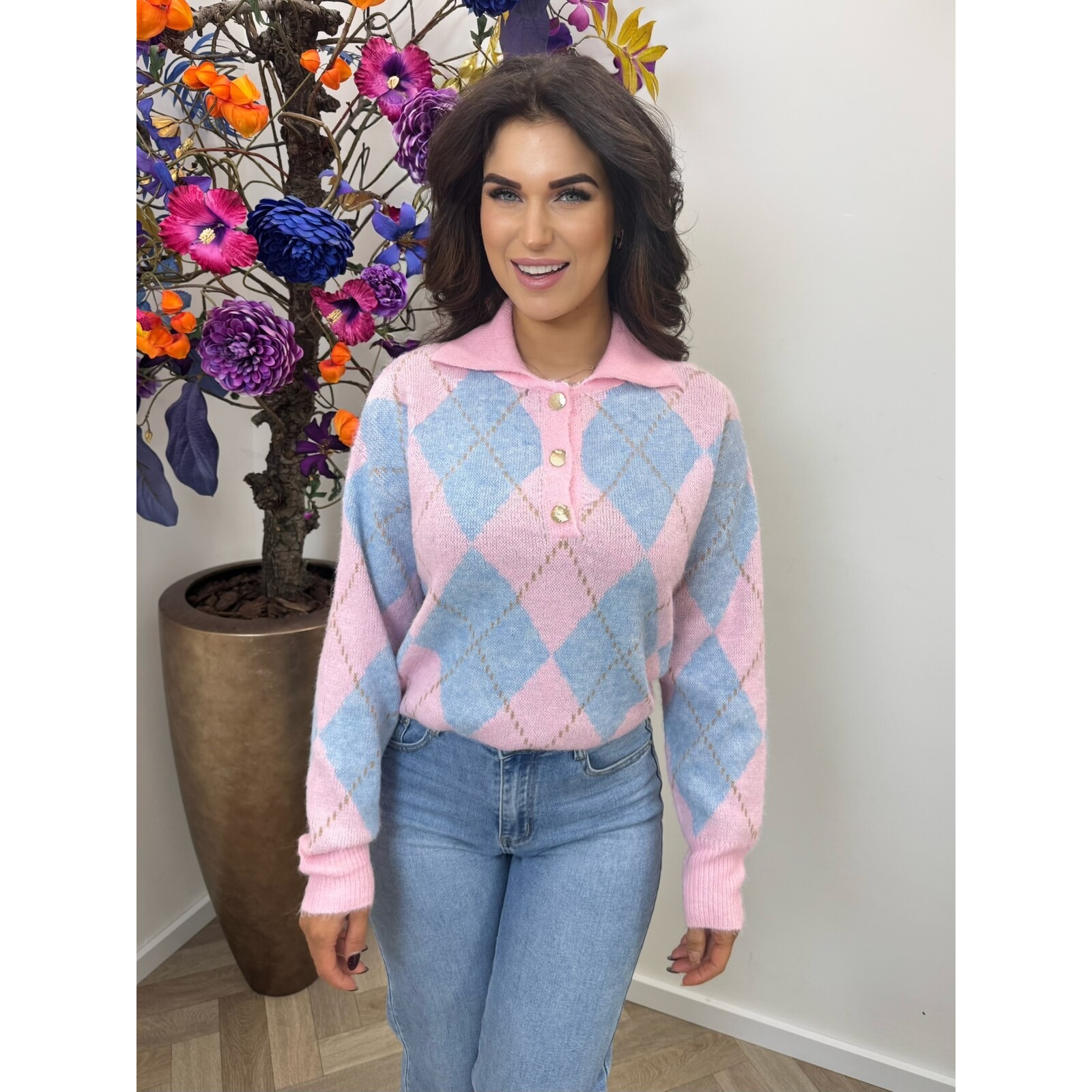 Trui Button ruit YP1973 Light Blue