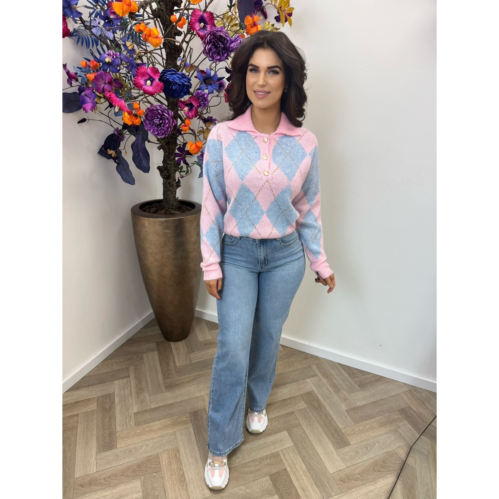 Trui Button ruit YP1973 Light Blue