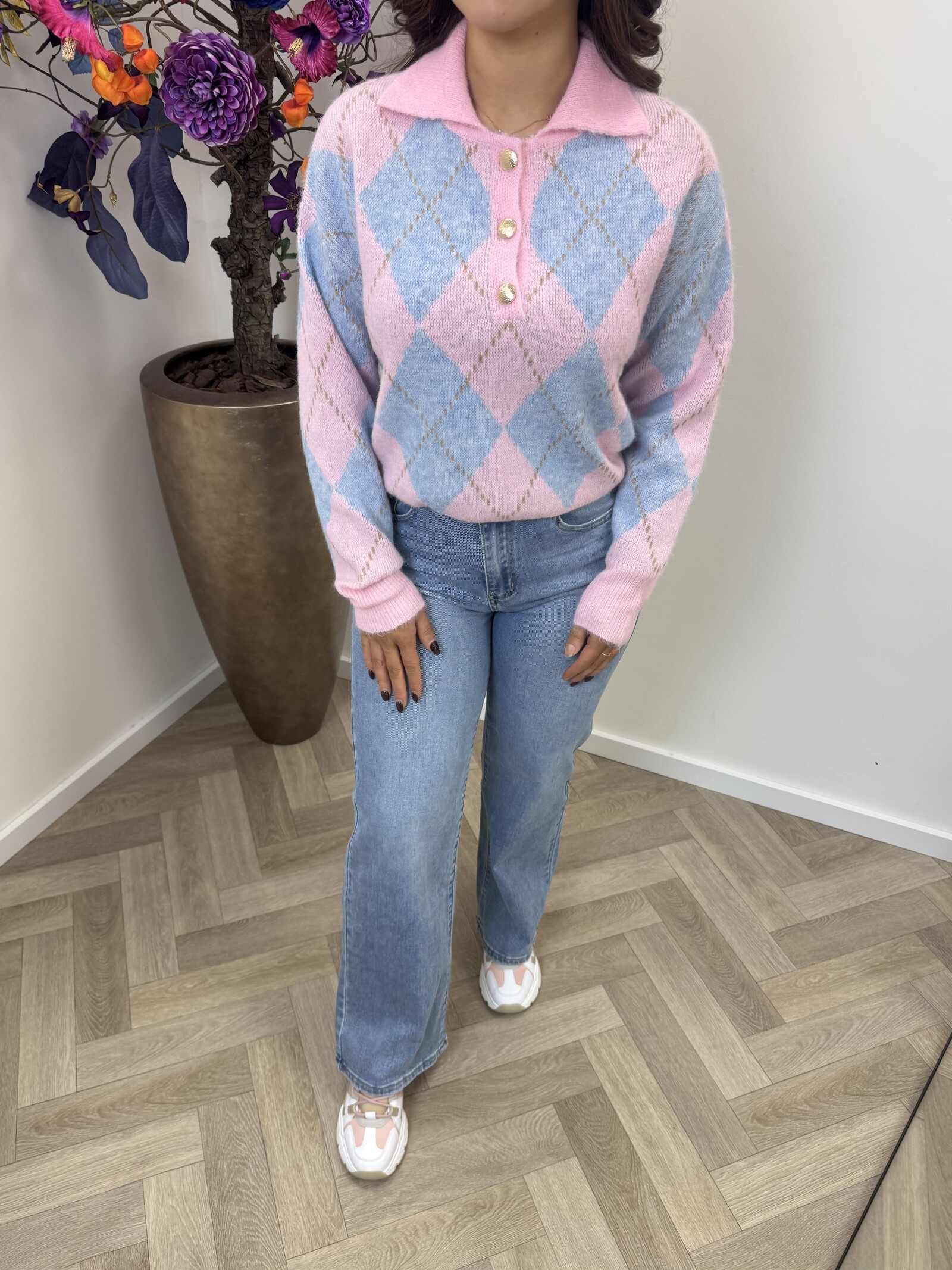 Trui Button ruit YP1973 Light Blue