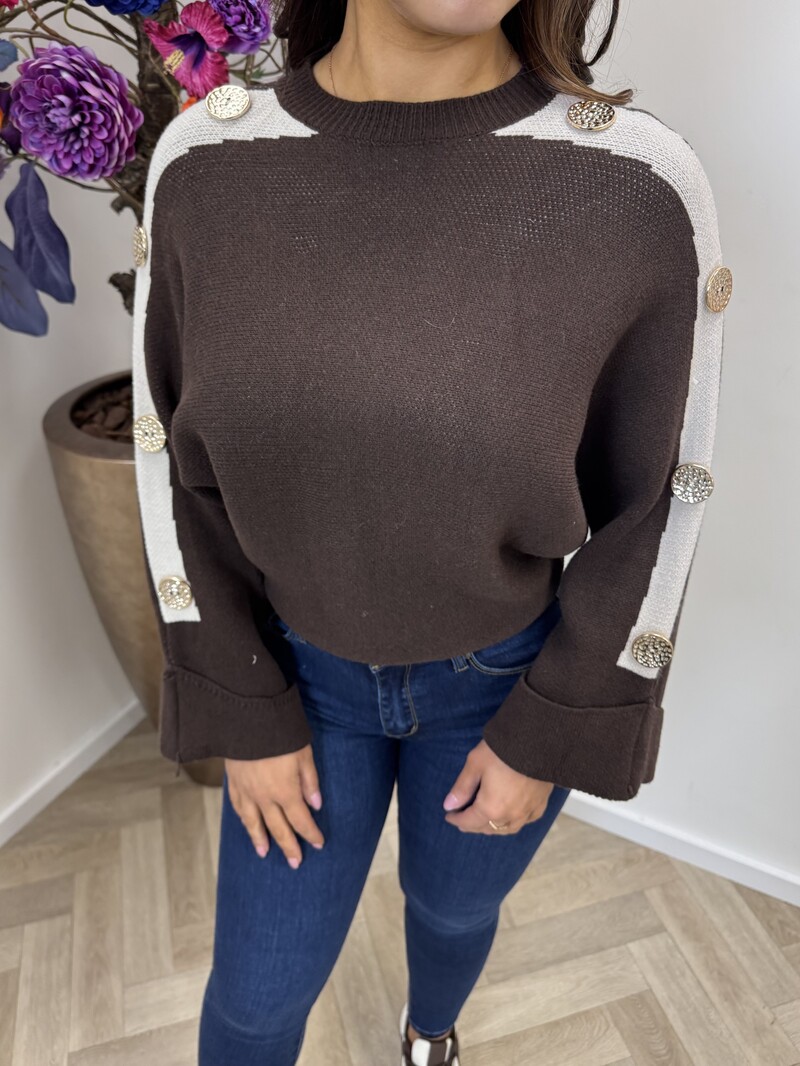 Trui golden button sleeve Choco