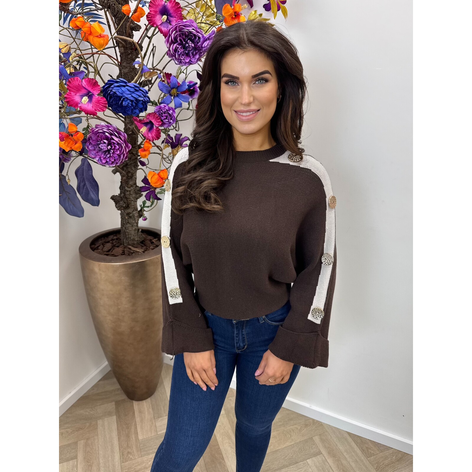 Trui golden button sleeve Choco