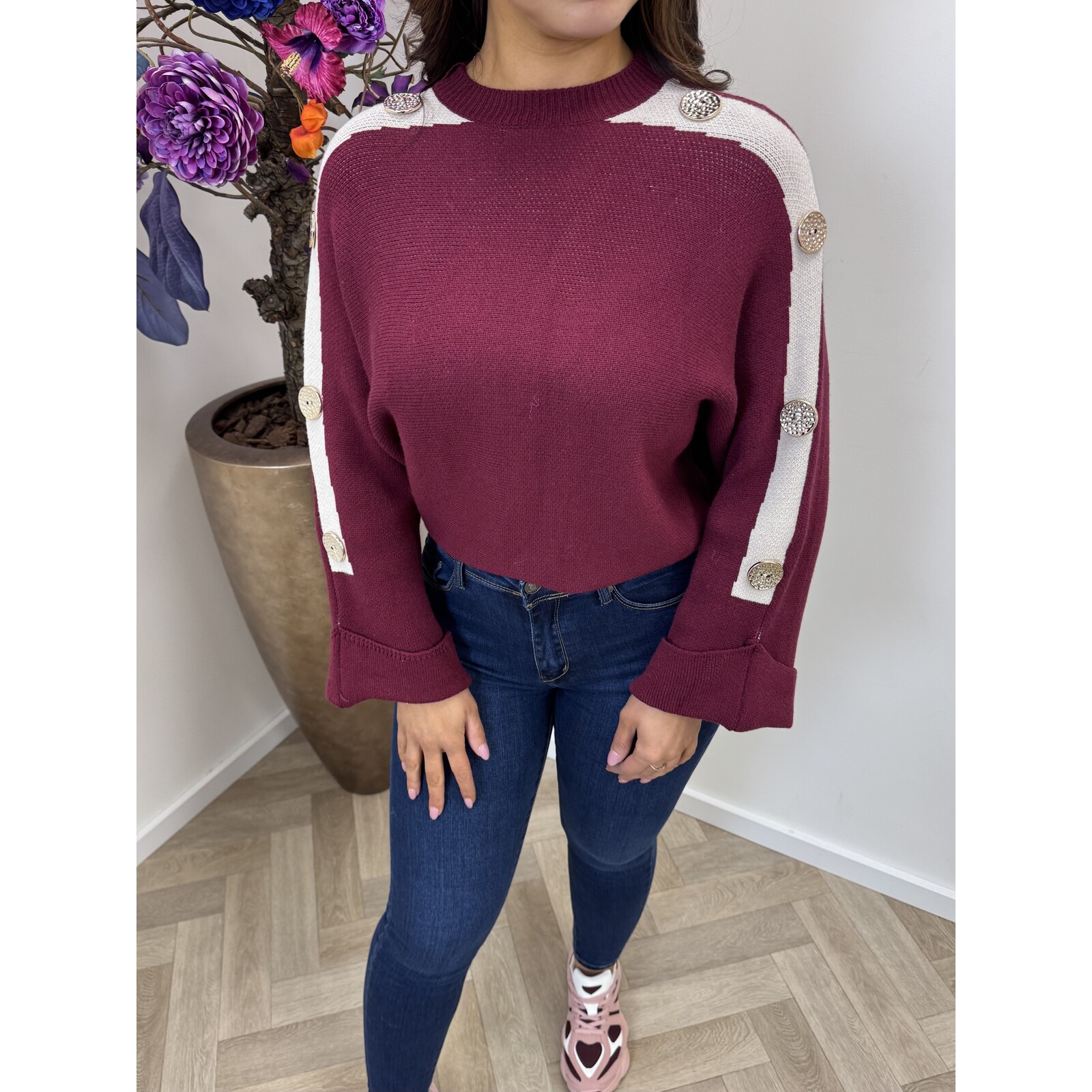 Trui golden button sleeve Bordeaux