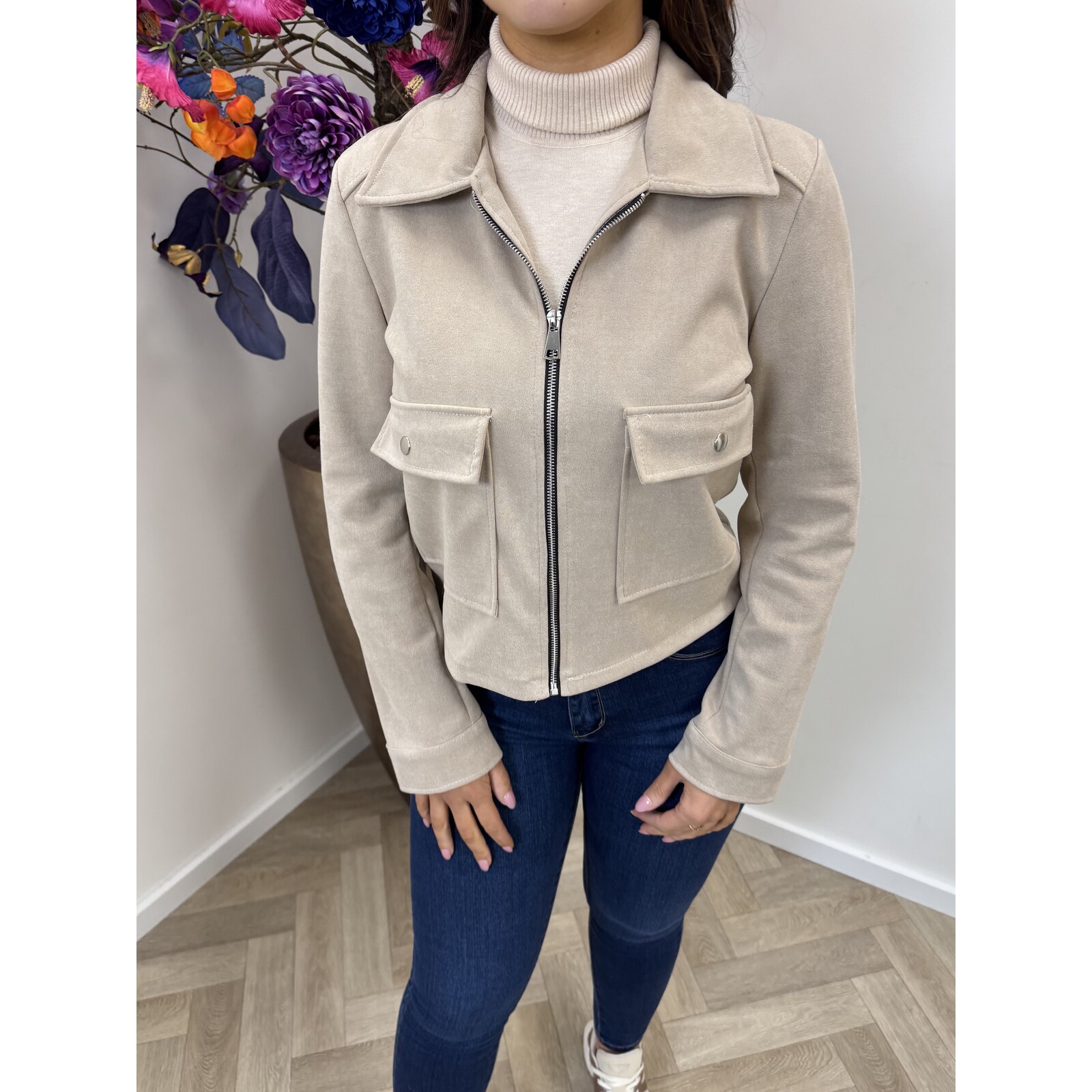 Suede jasje zip Beige