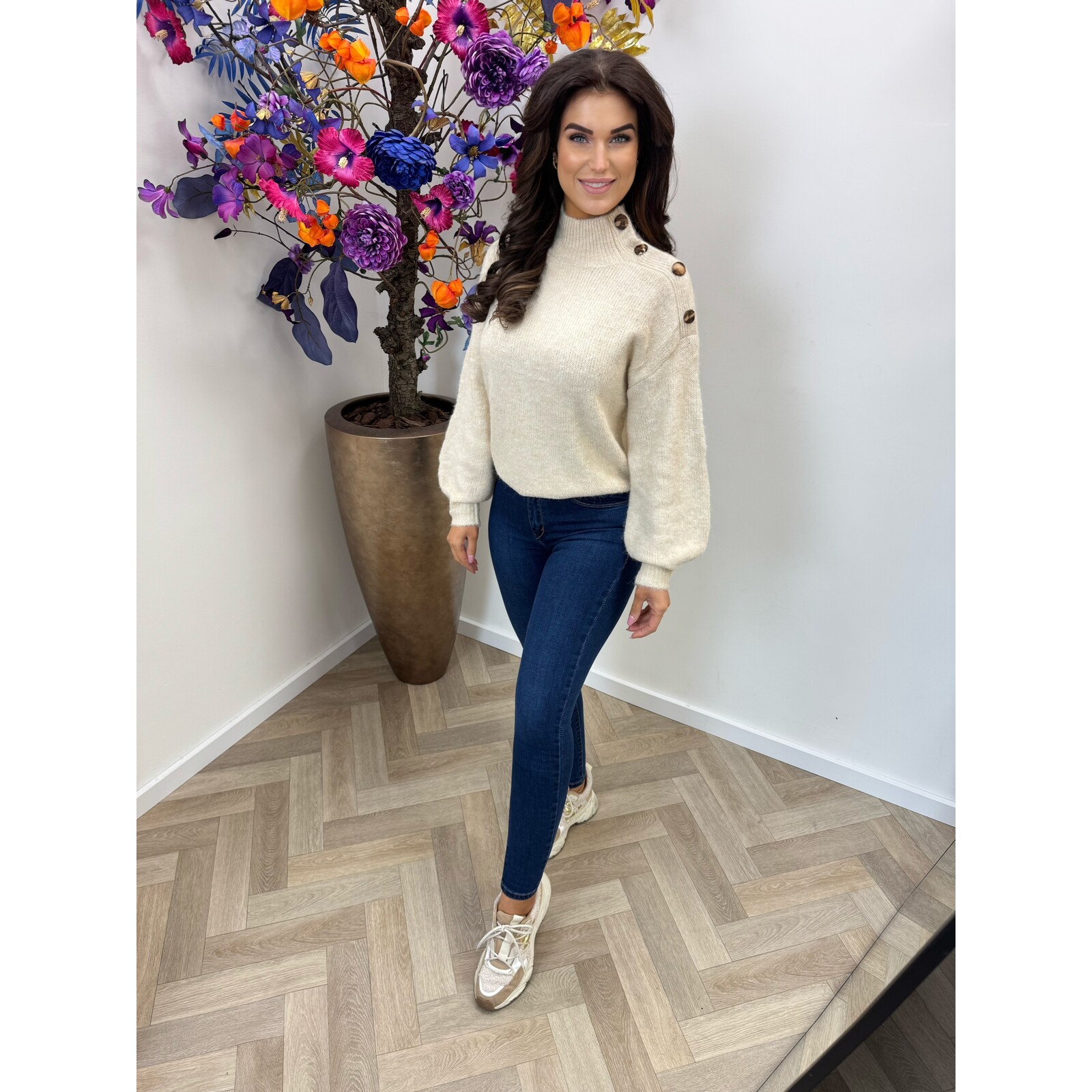 Trui New York Leopard button JP-7513 Beige