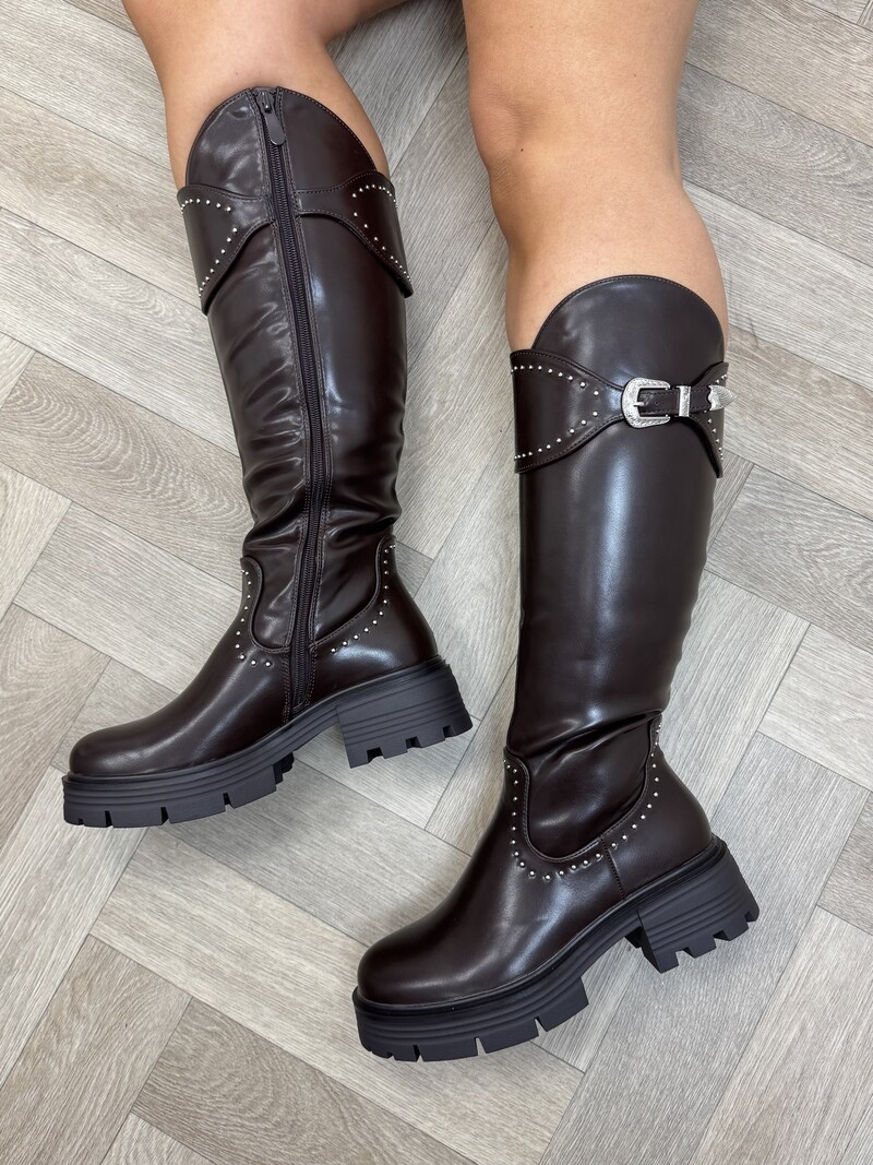 Long boots studs leder 00-019  Choco