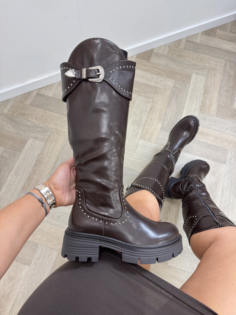 Long boots studs leder 00-019  Choco