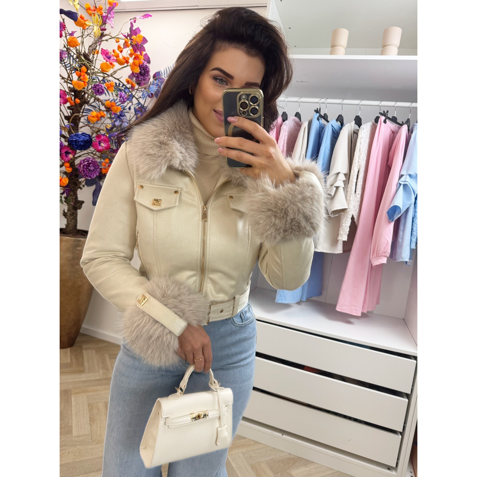 Jacket bont suede S6685 Beige