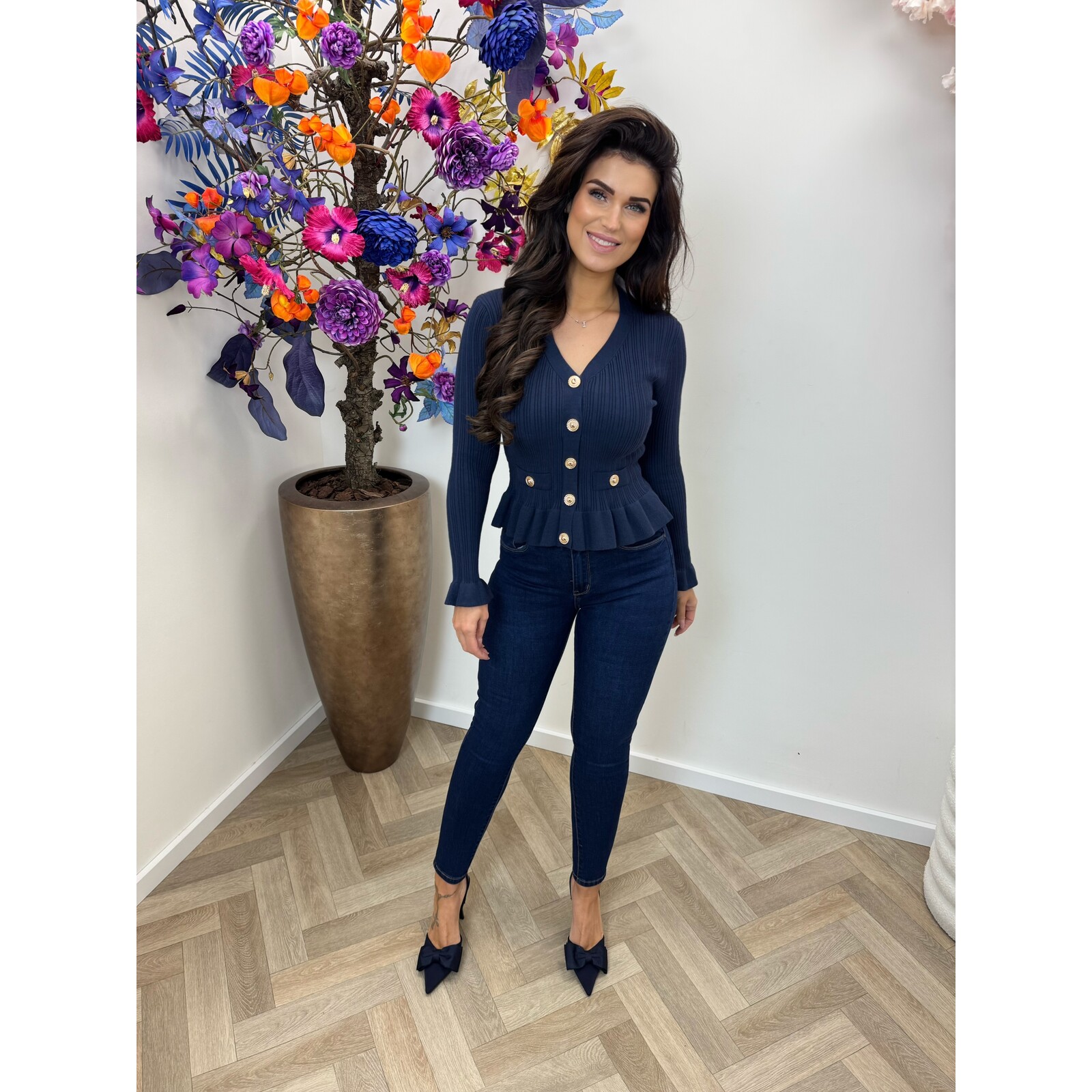 Top peplum button QX616 Navy