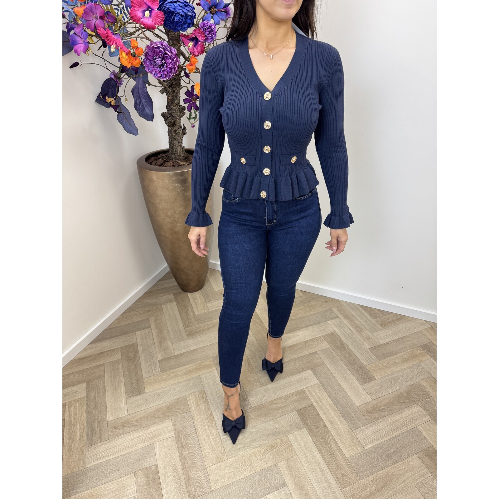 Top peplum button QX616 Navy