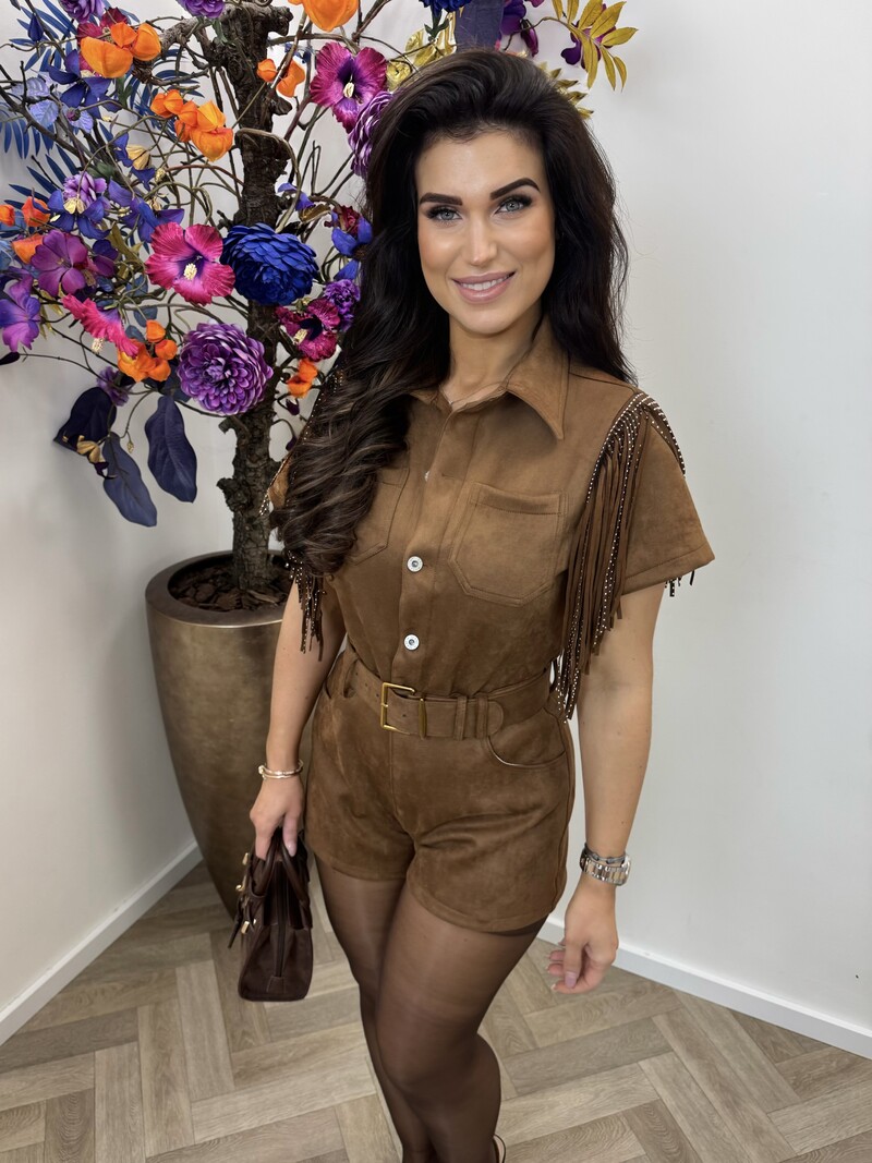 Jumpsuit franje studs suede Brown 55093