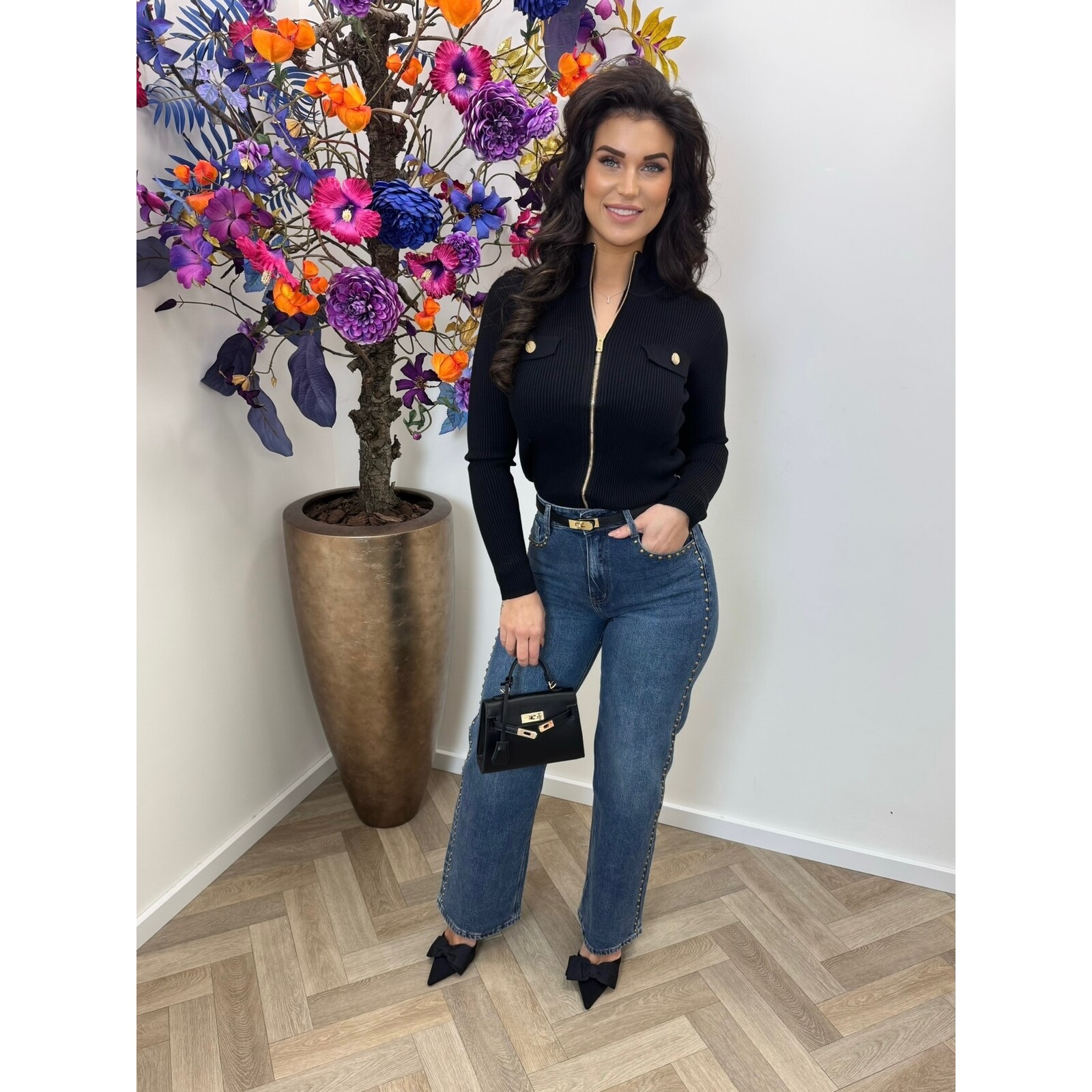 Cardigan Gold Button Zipper W2532 Black