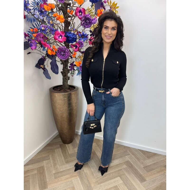 Cardigan Gold Button Zipper W2532 Black