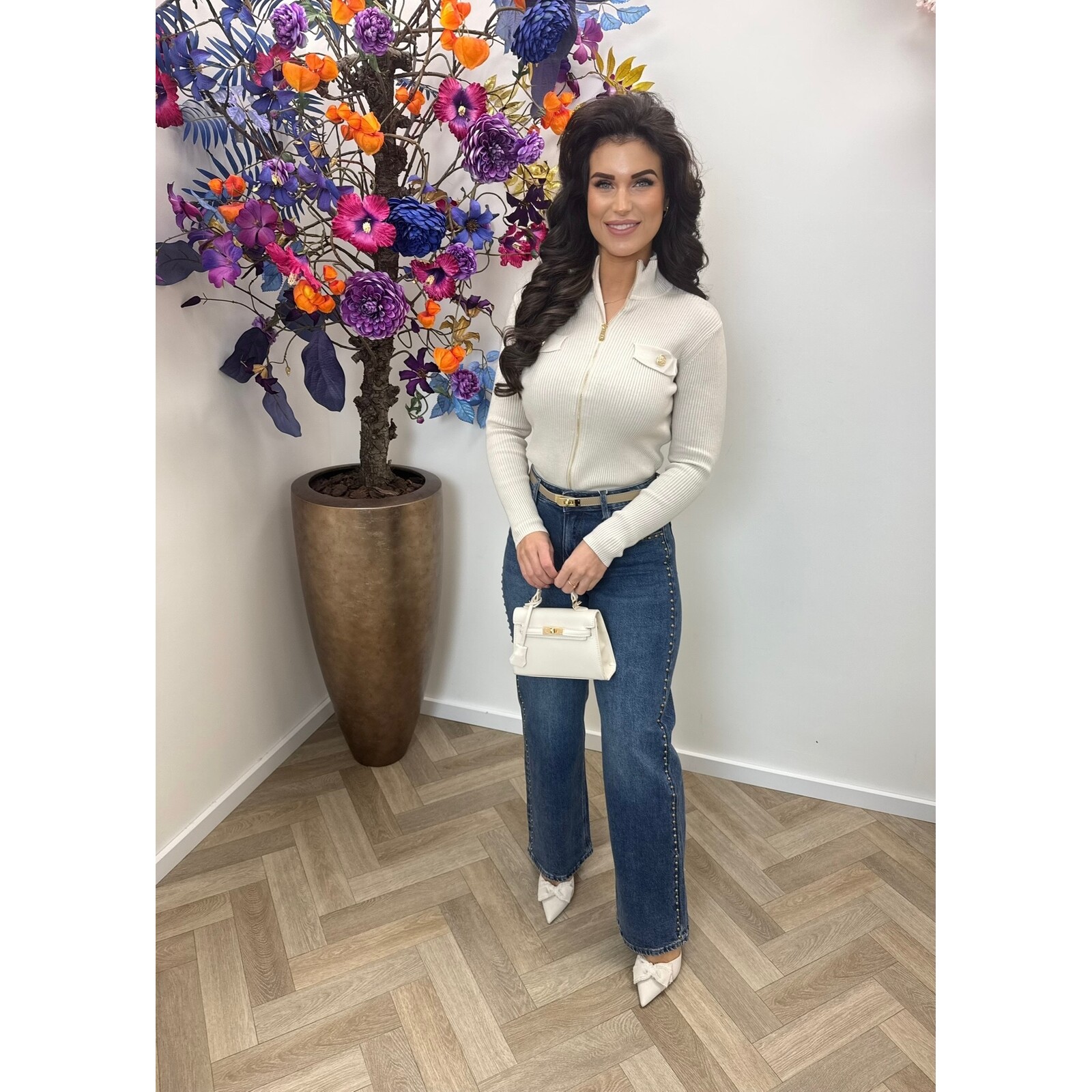 Cardigan Gold Button Zipper W2532 Creme