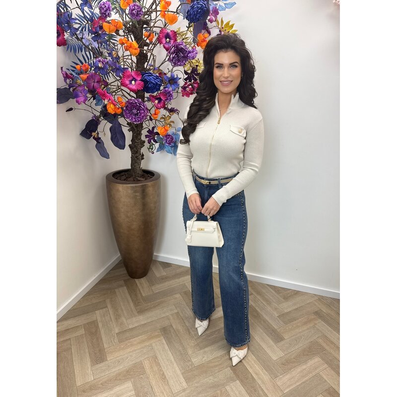 Cardigan Gold Button Zipper W2532 Creme