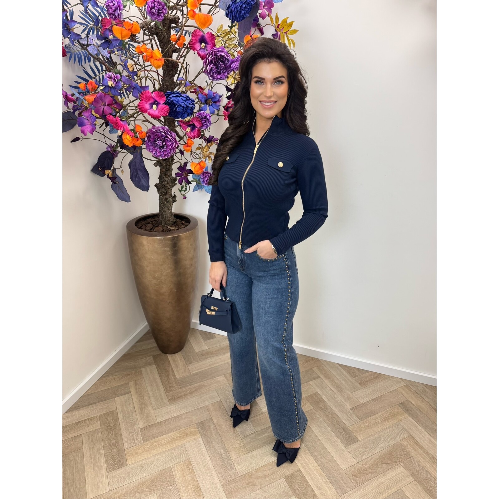 Cardigan Gold Button Zipper W2532 Navy