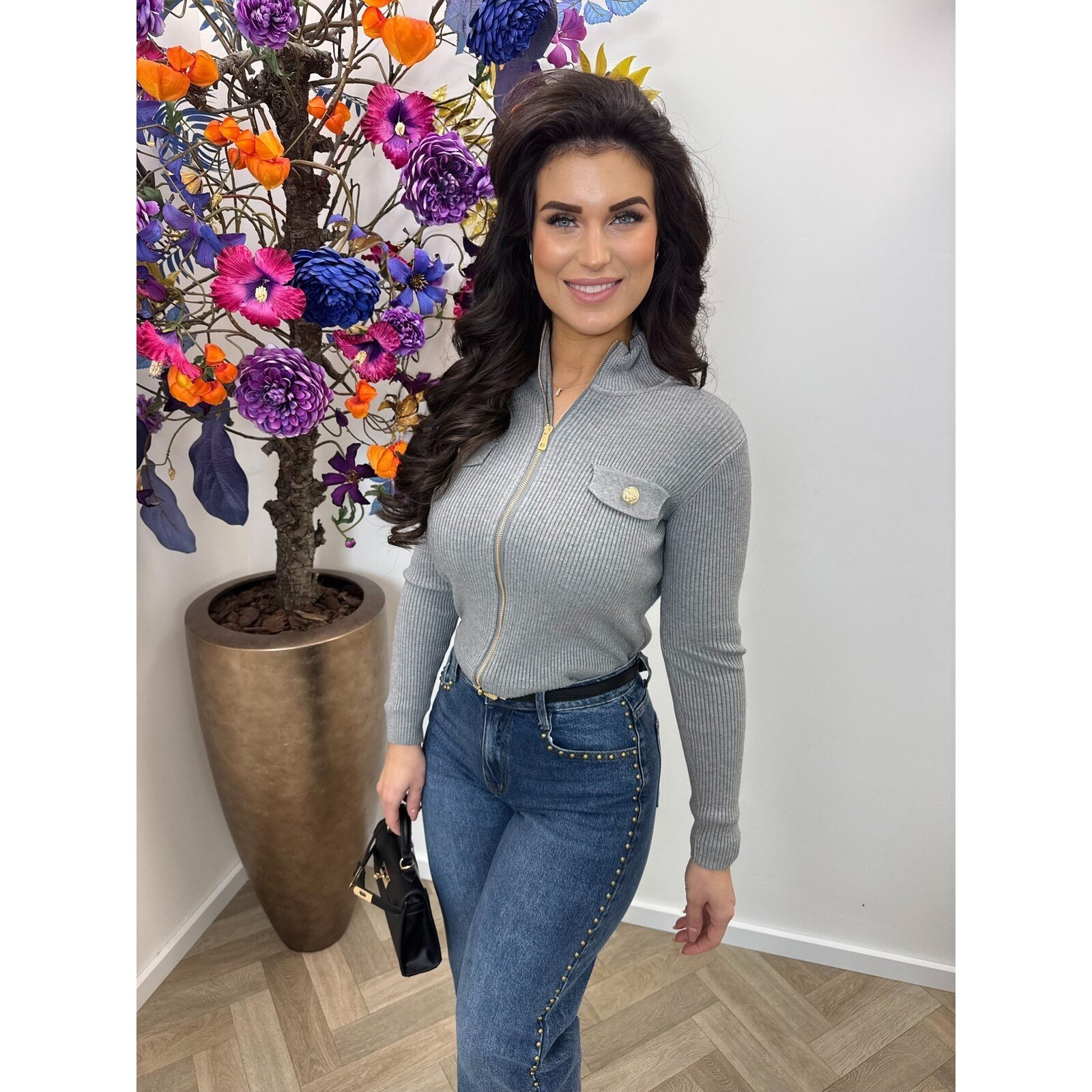 Cardigan Gold Button Zipper W2532 Grey