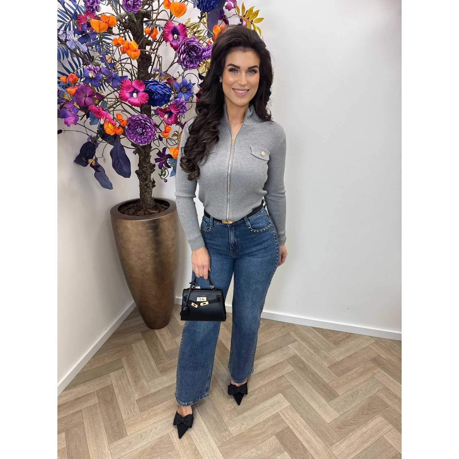 Cardigan Gold Button Zipper W2532 Grey