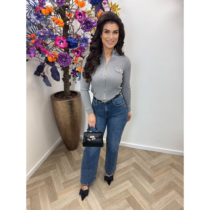 Cardigan Gold Button Zipper W2532 Grey