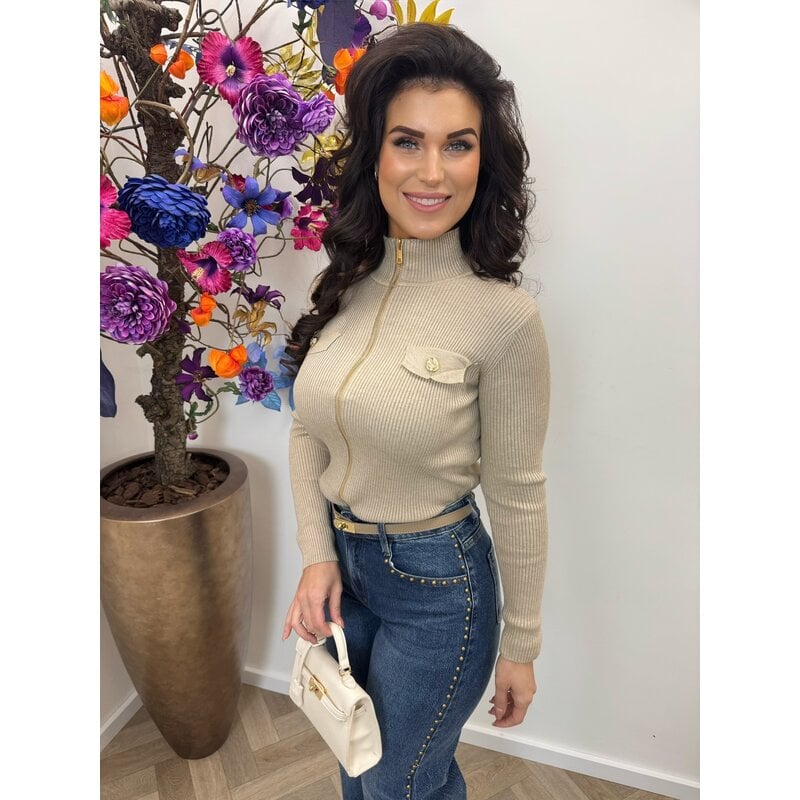 Cardigan Gold Button Zipper W2532 Beige