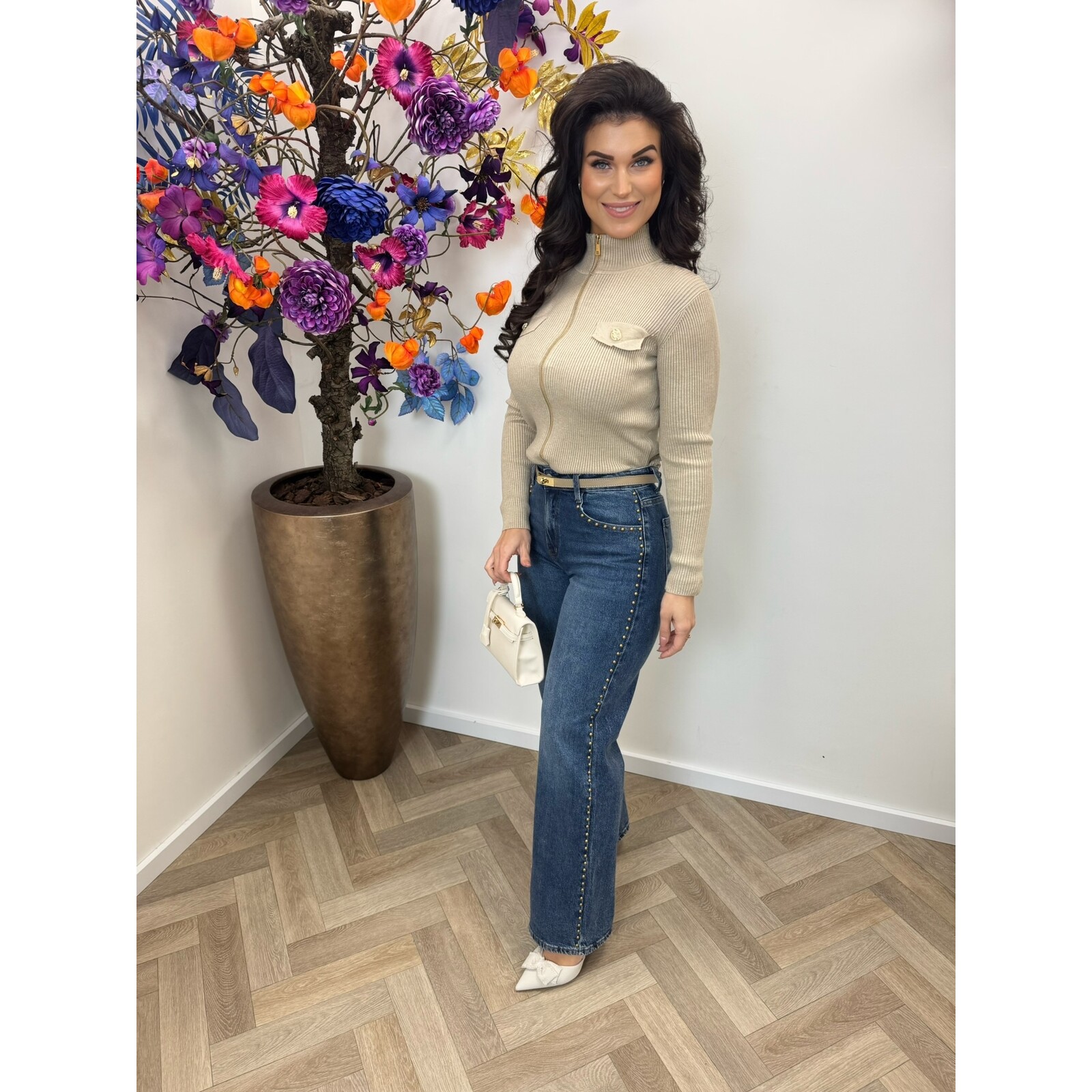 Cardigan Gold Button Zipper W2532 Beige