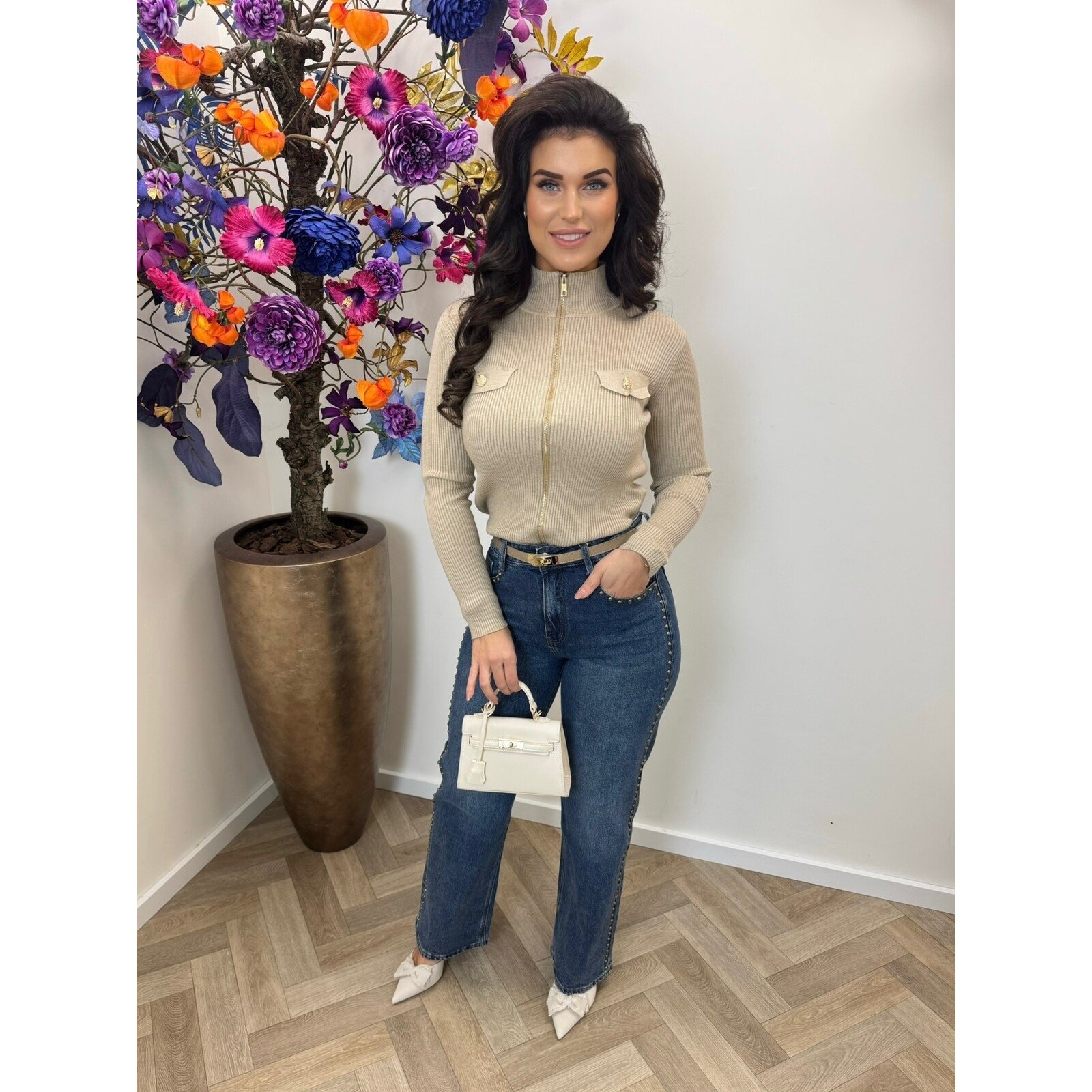 Cardigan Gold Button Zipper W2532 Beige