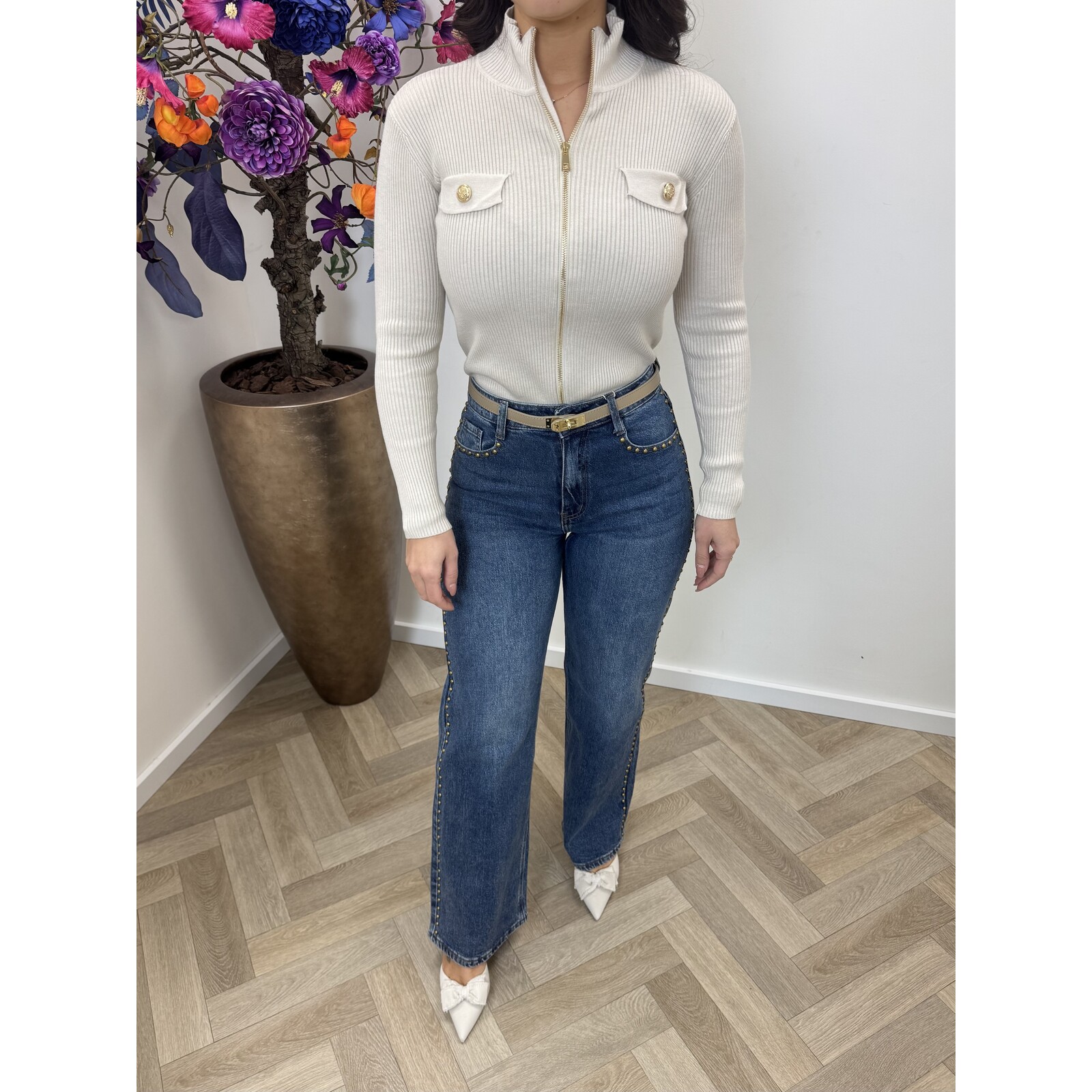 Cardigan Gold Button Zipper W2532 Creme