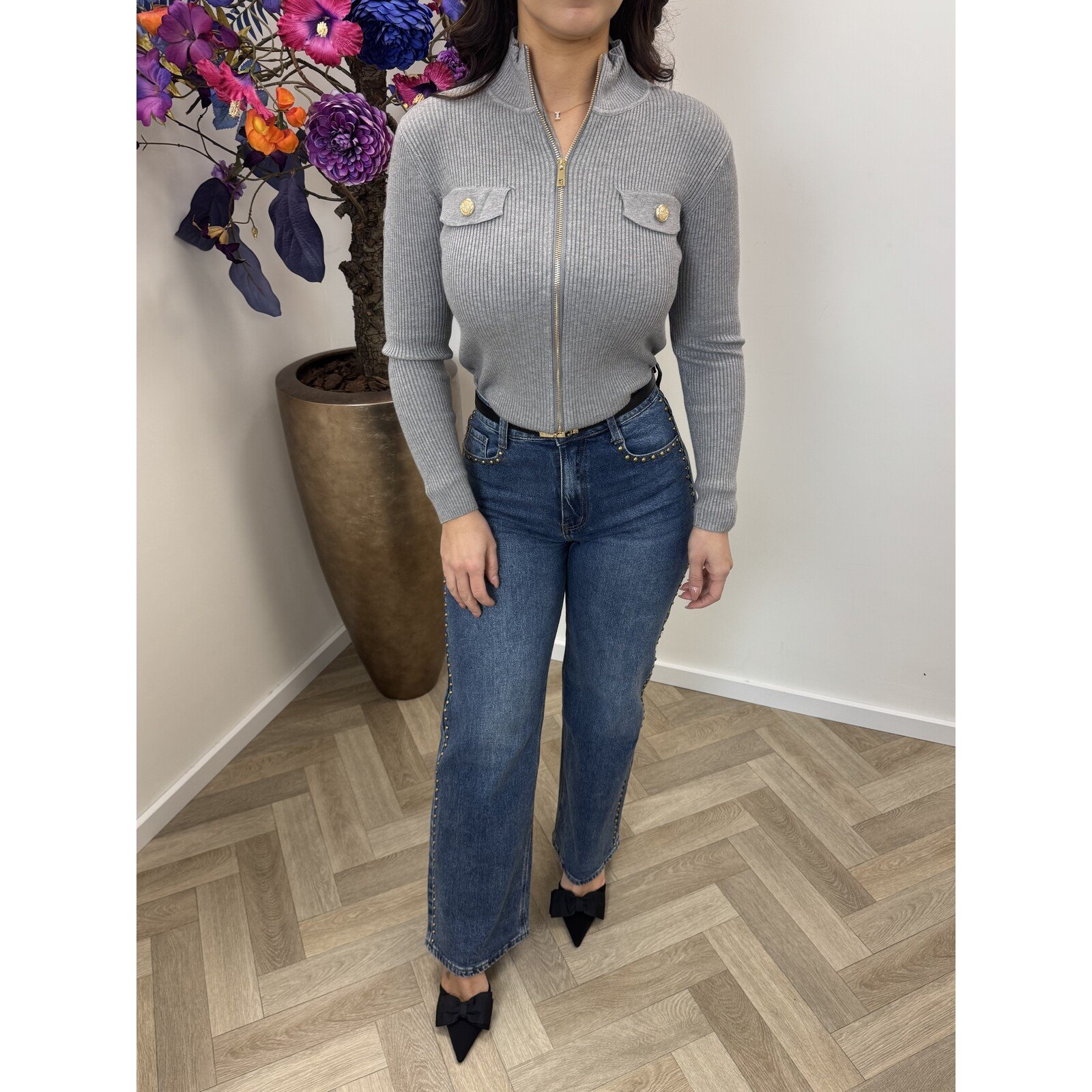 Cardigan Gold Button Zipper W2532 Grey