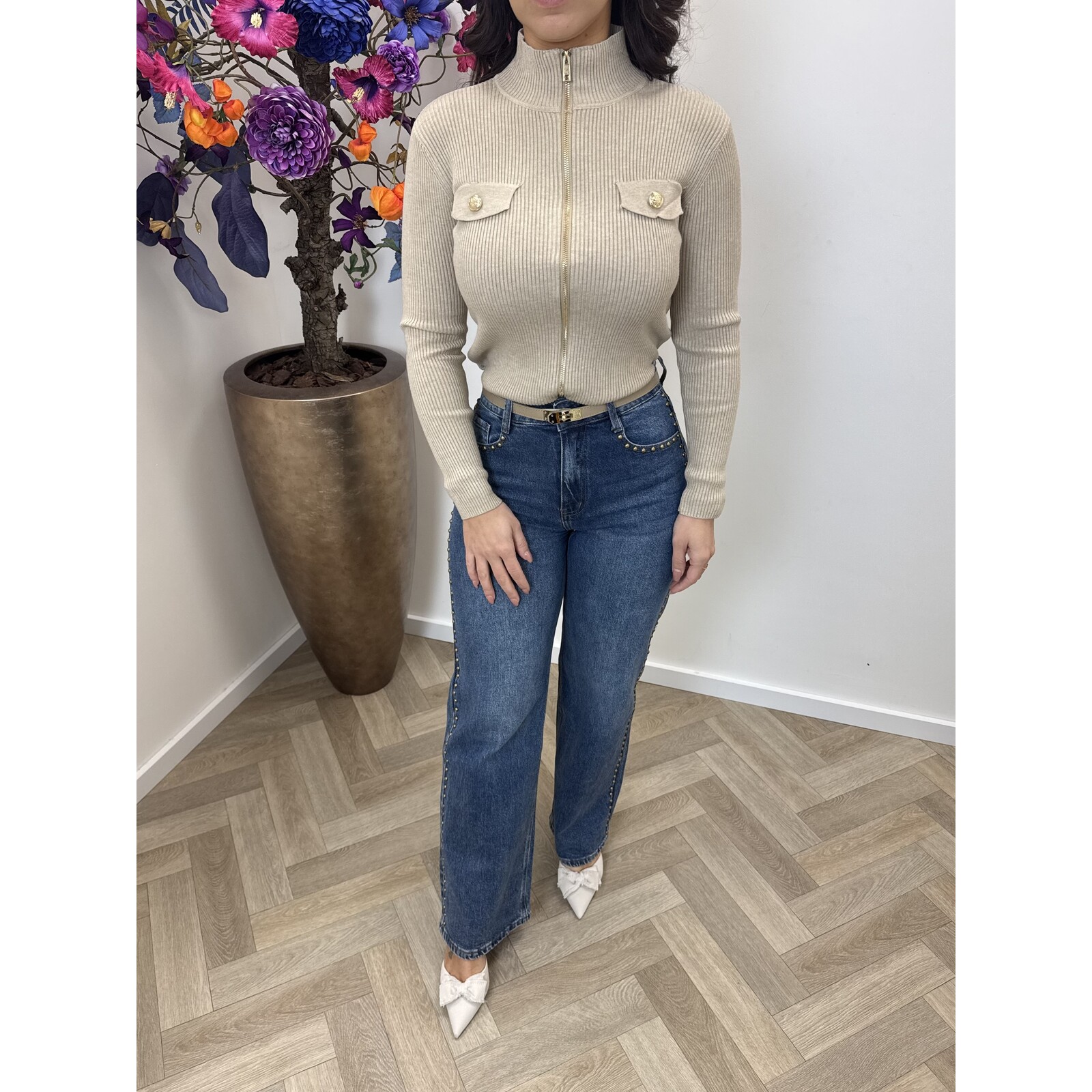 Cardigan Gold Button Zipper W2532 Beige