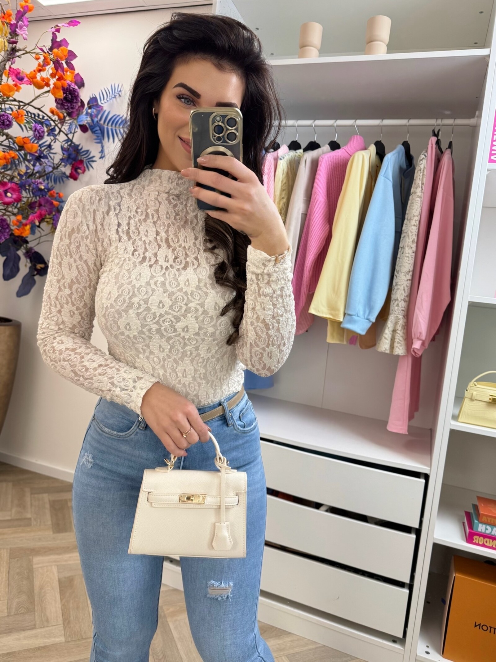 top Lace high neck Beige