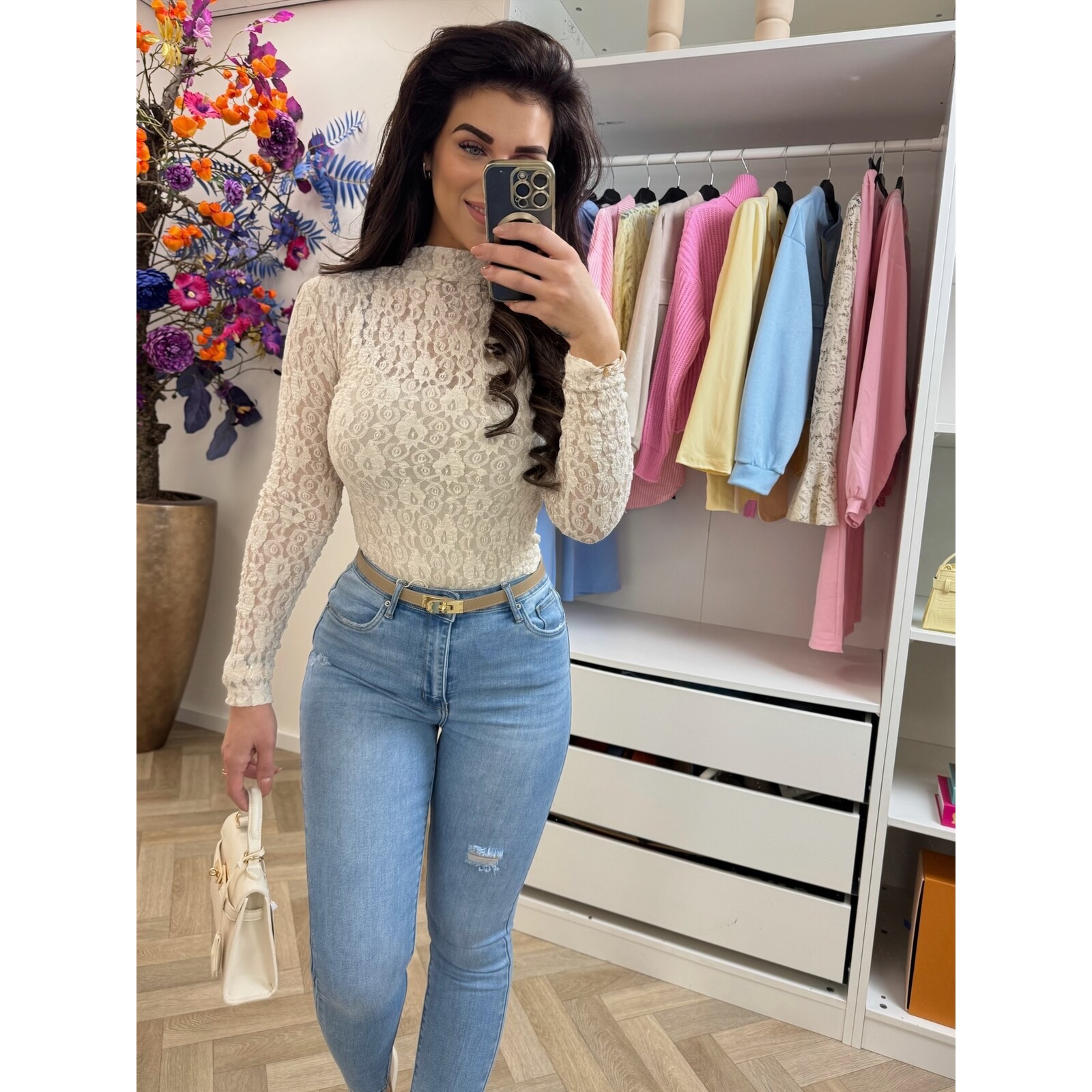 top Lace high neck Beige