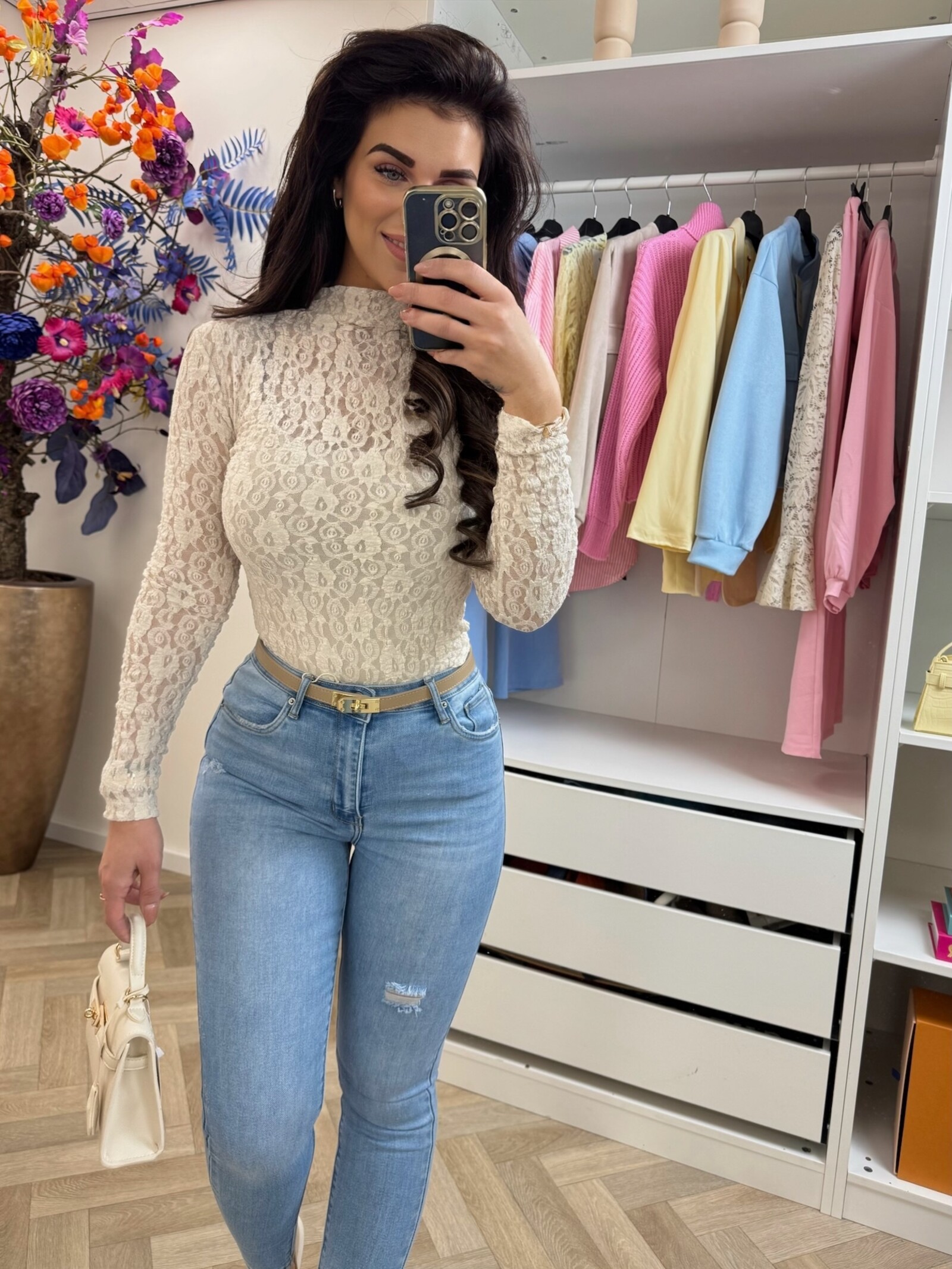 top Lace high neck Beige