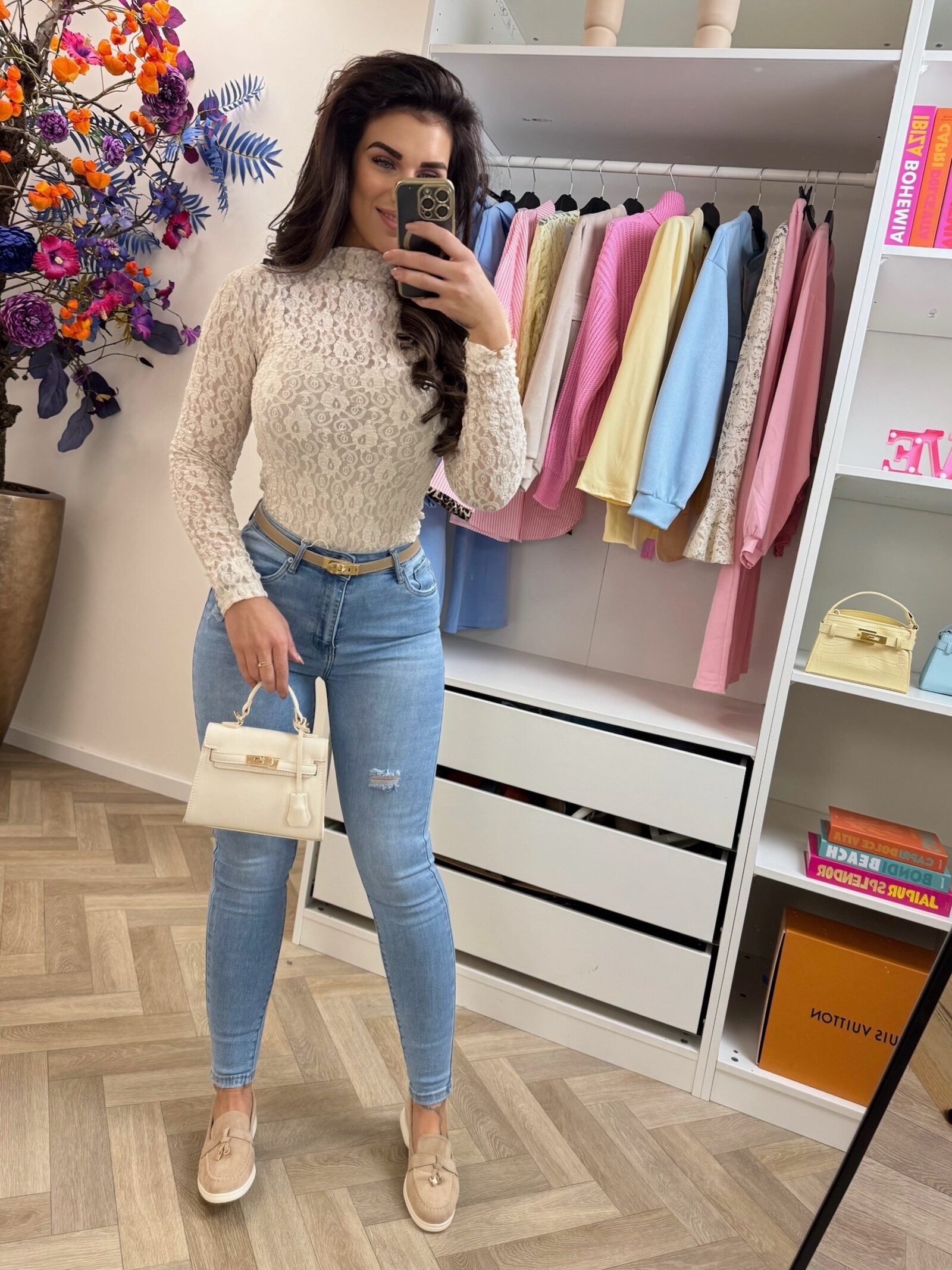 top Lace high neck Beige