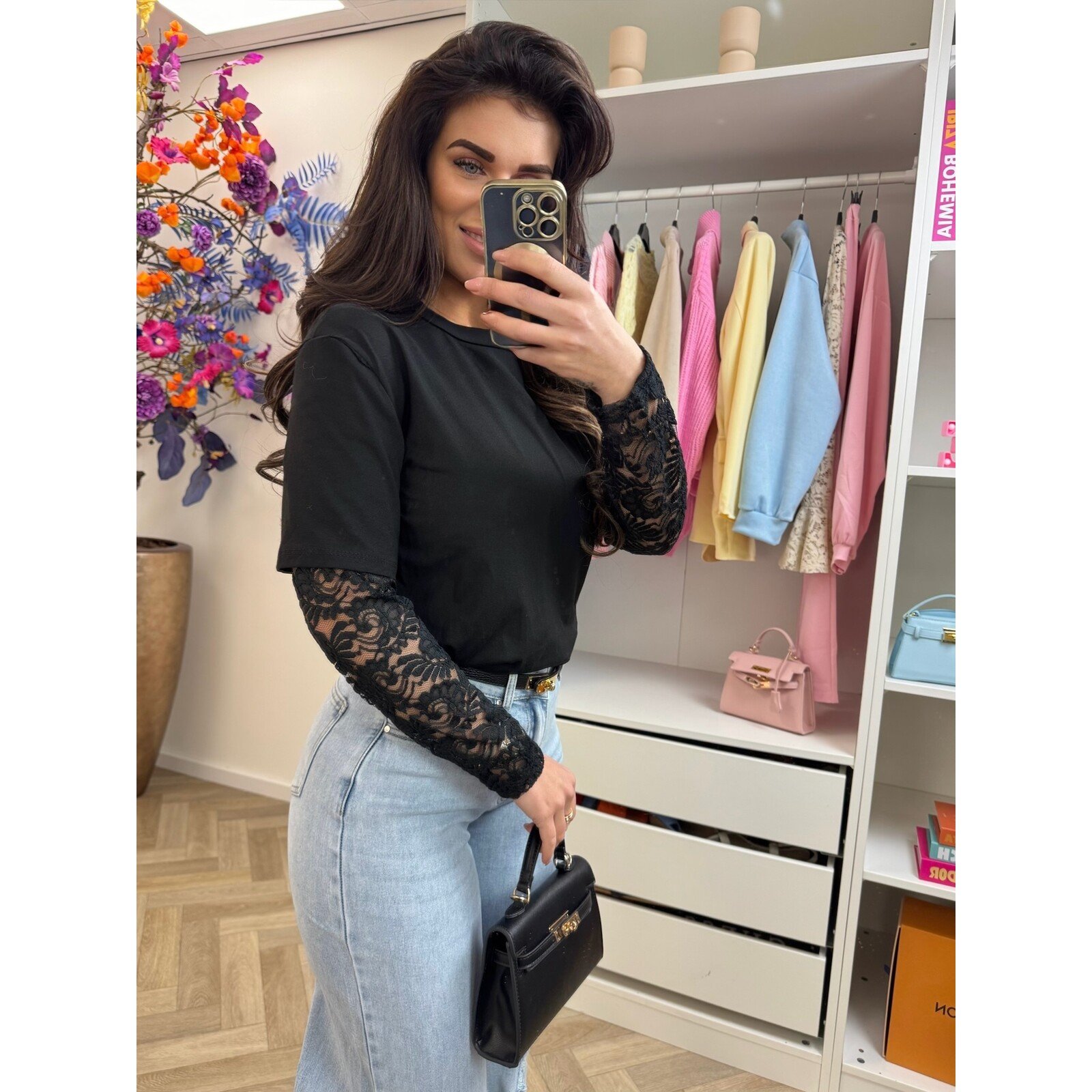 T-shirt lace mouw Black