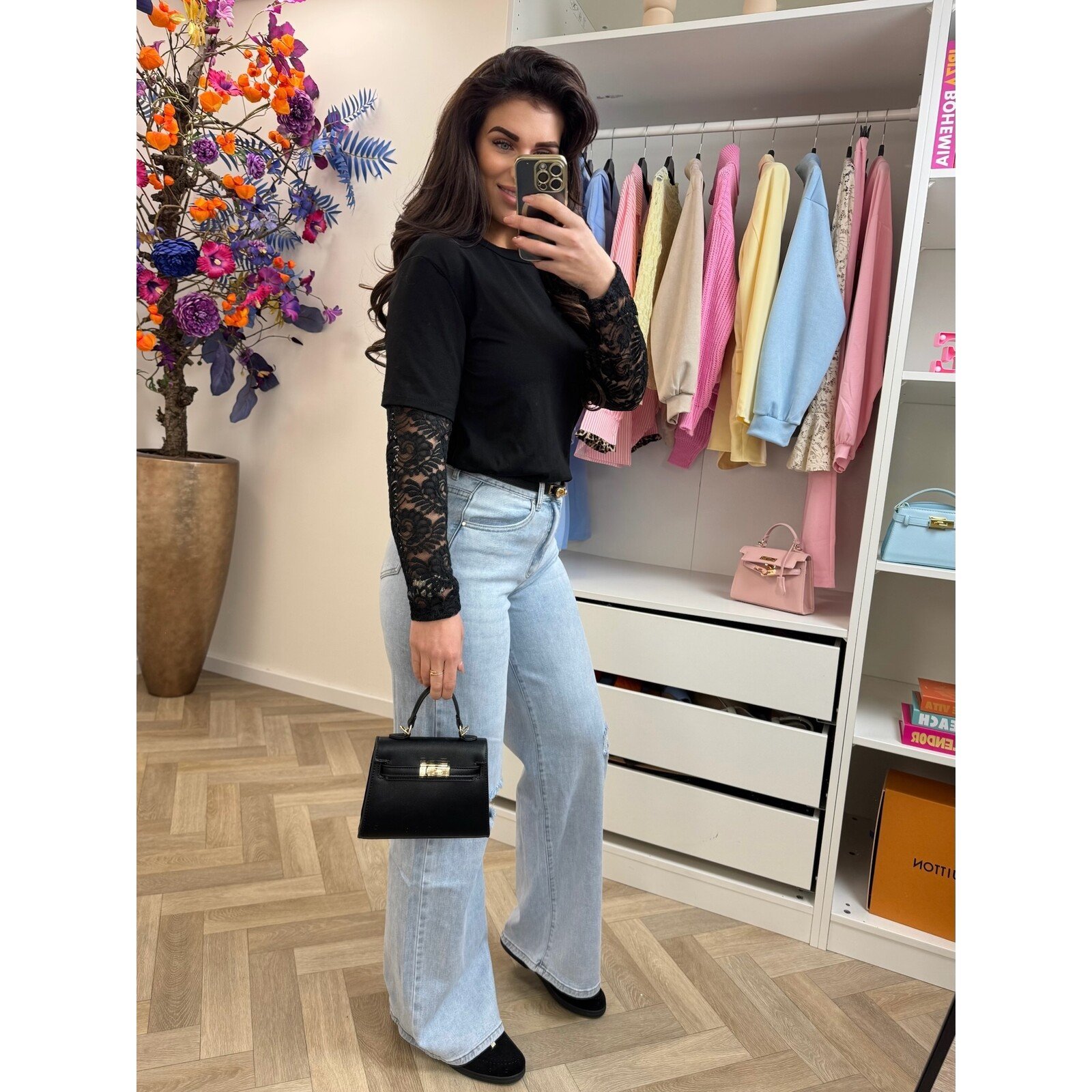 T-shirt lace mouw Black