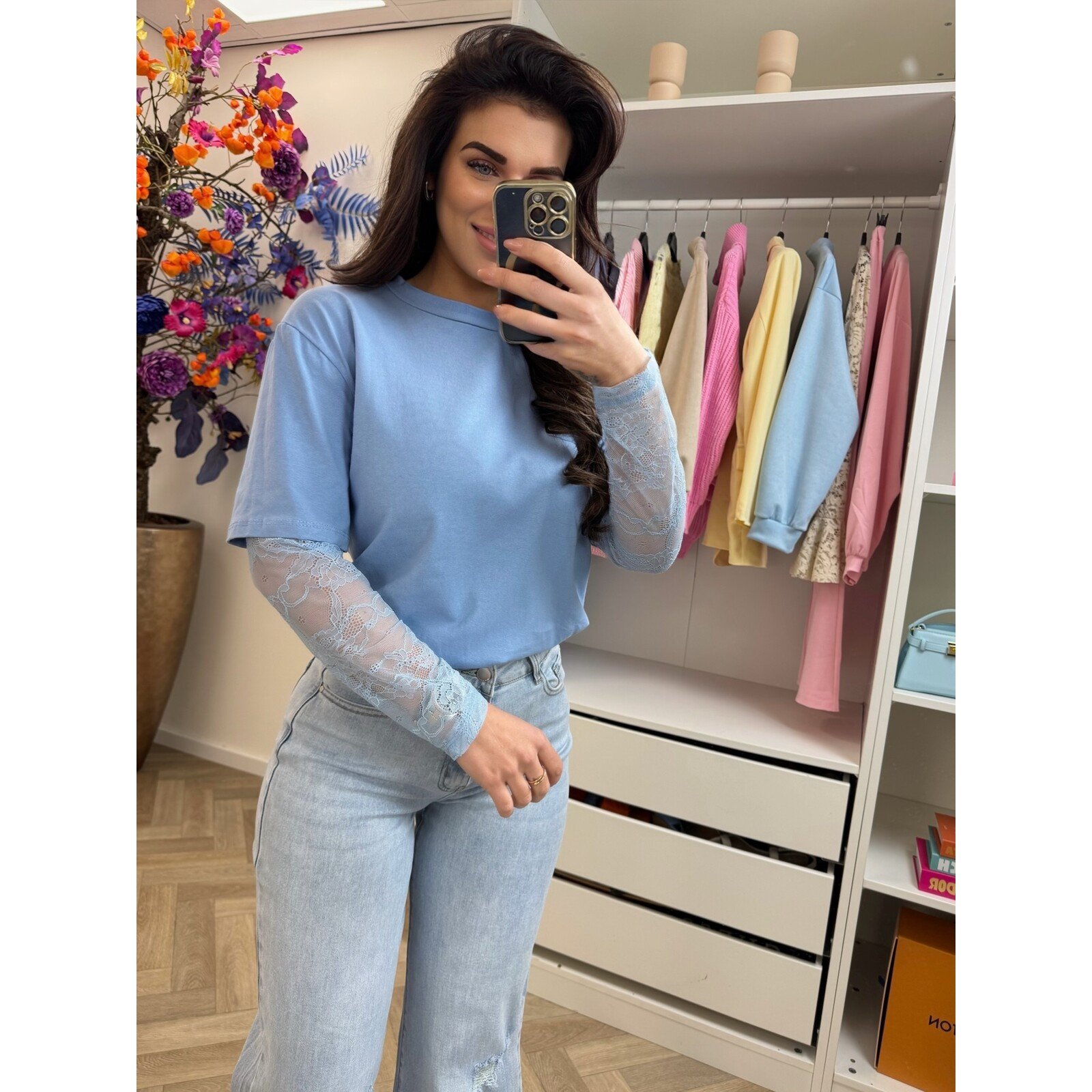 T-shirt lace mouw Light Blue