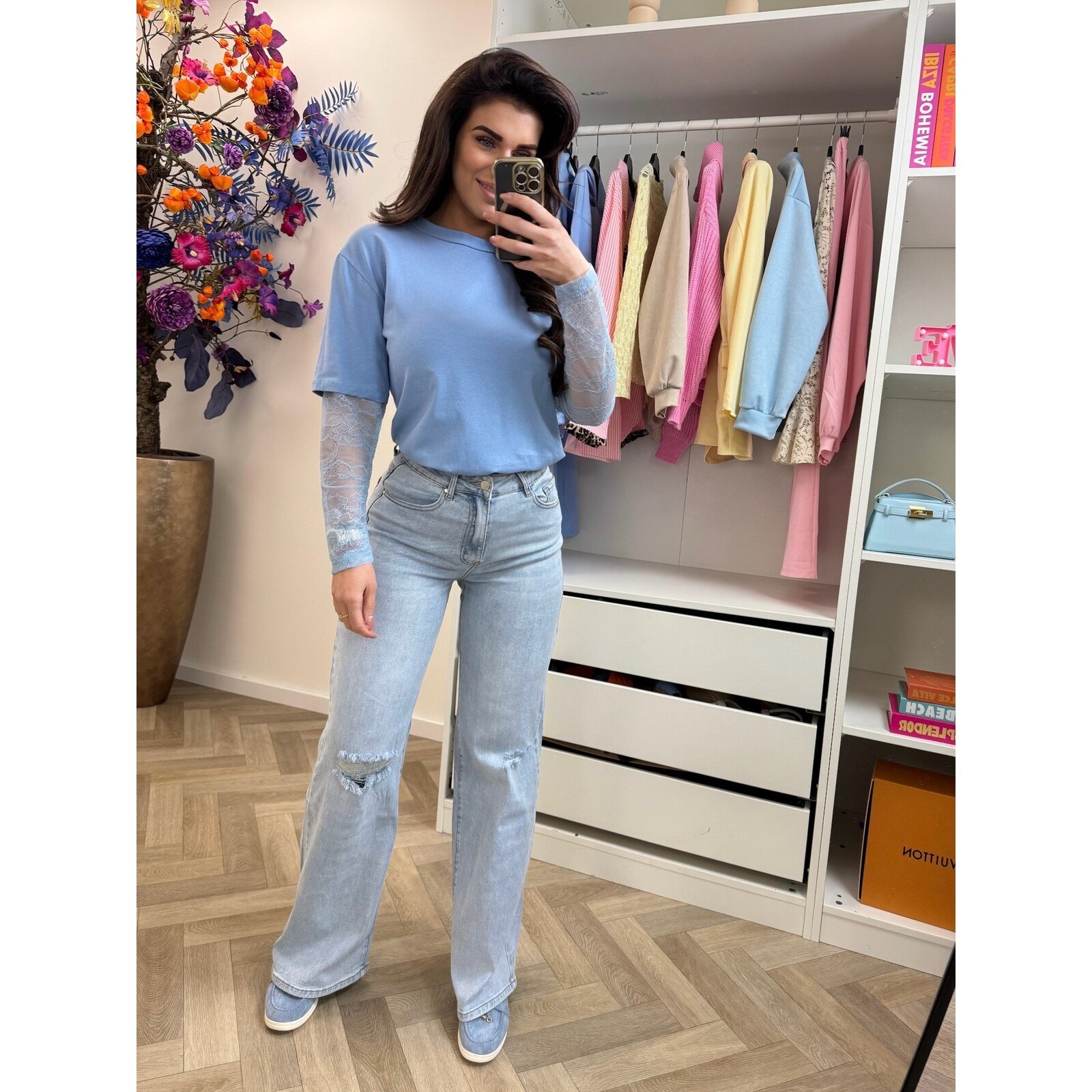 T-shirt lace mouw Light Blue