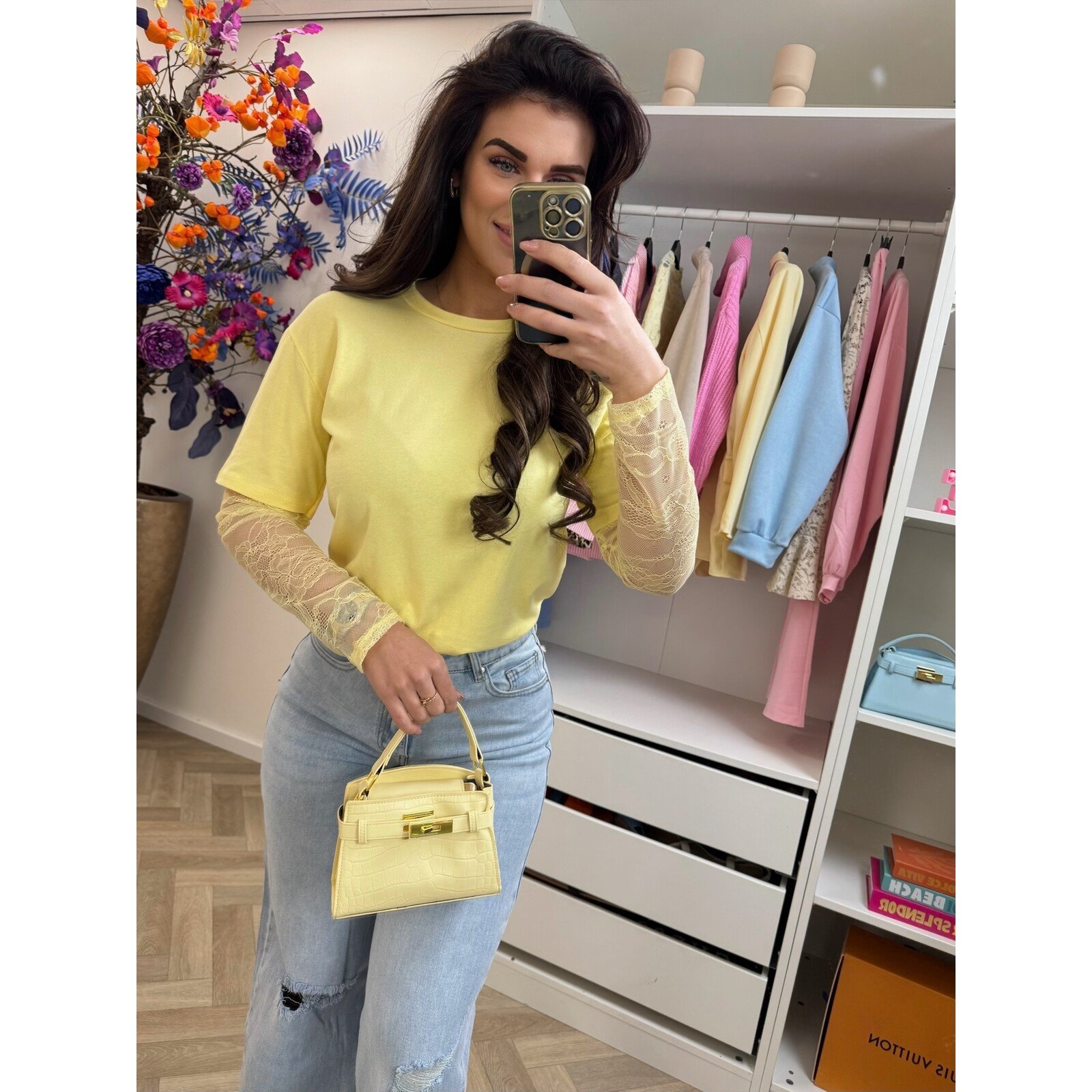 T-shirt lace mouw Yellow