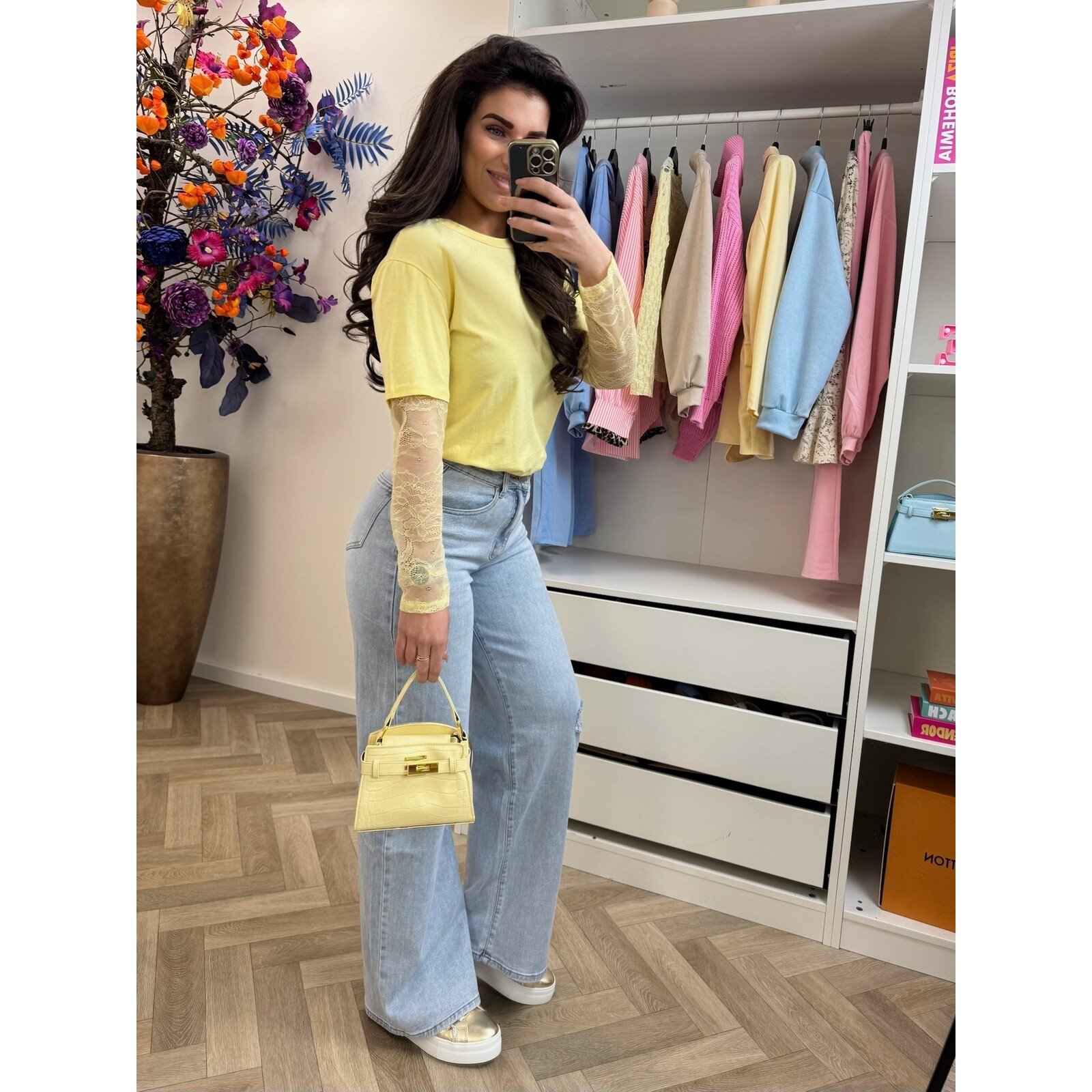 T-shirt lace mouw Yellow