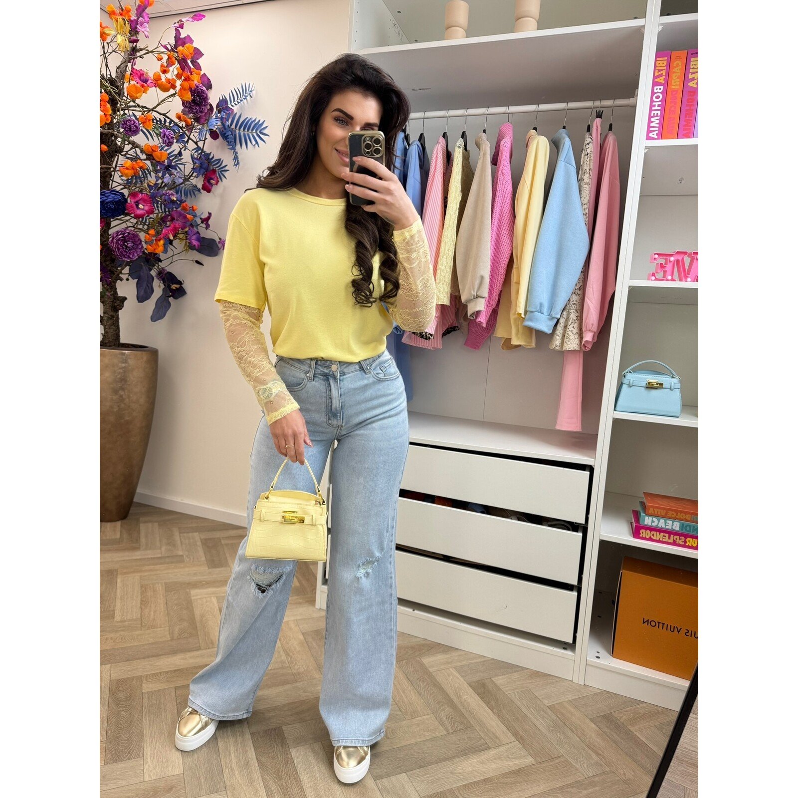 T-shirt lace mouw Yellow