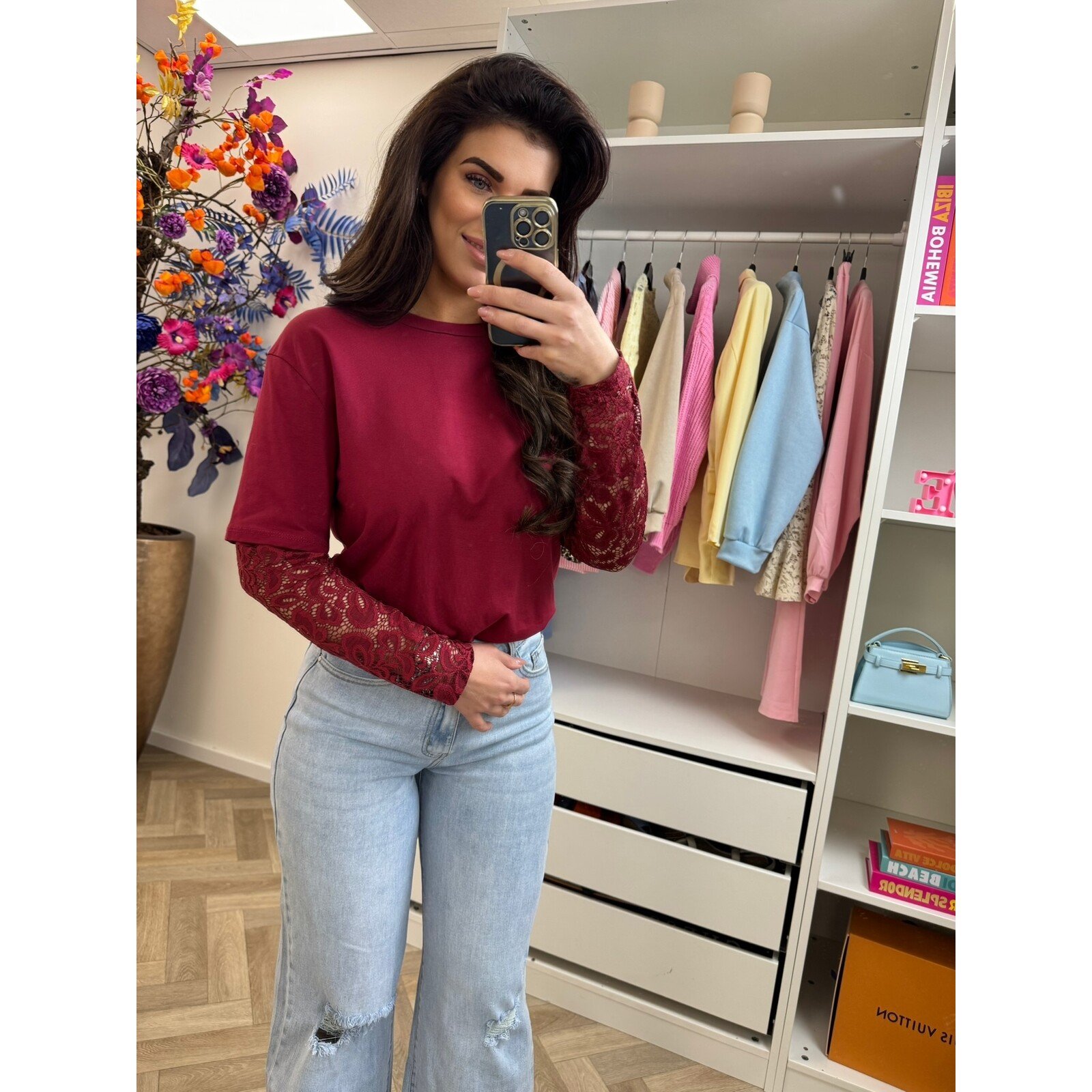T-shirt lace mouw Bordeaux